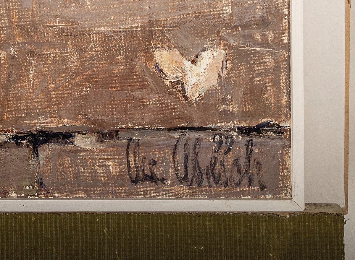 Detail a: Christel Abresch, 1931 Sulzbach-2011 Neustadt a.d. Weinstraße, Blumen vor dem Fenster, Öl/Lwd, rückseitig betitelt: Fenster des Armenhauses in ...