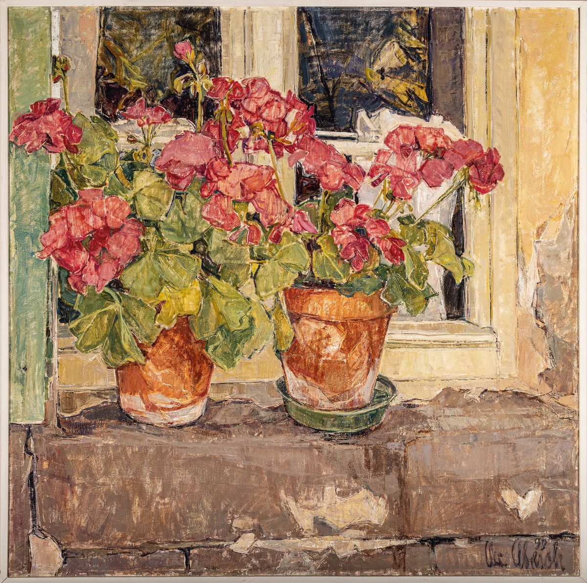 Detail k: Christel Abresch, 1931 Sulzbach-2011 Neustadt a.d. Weinstraße, Blumen vor dem Fenster, Öl/Lwd, rückseitig betitelt: Fenster des Armenhauses in ...