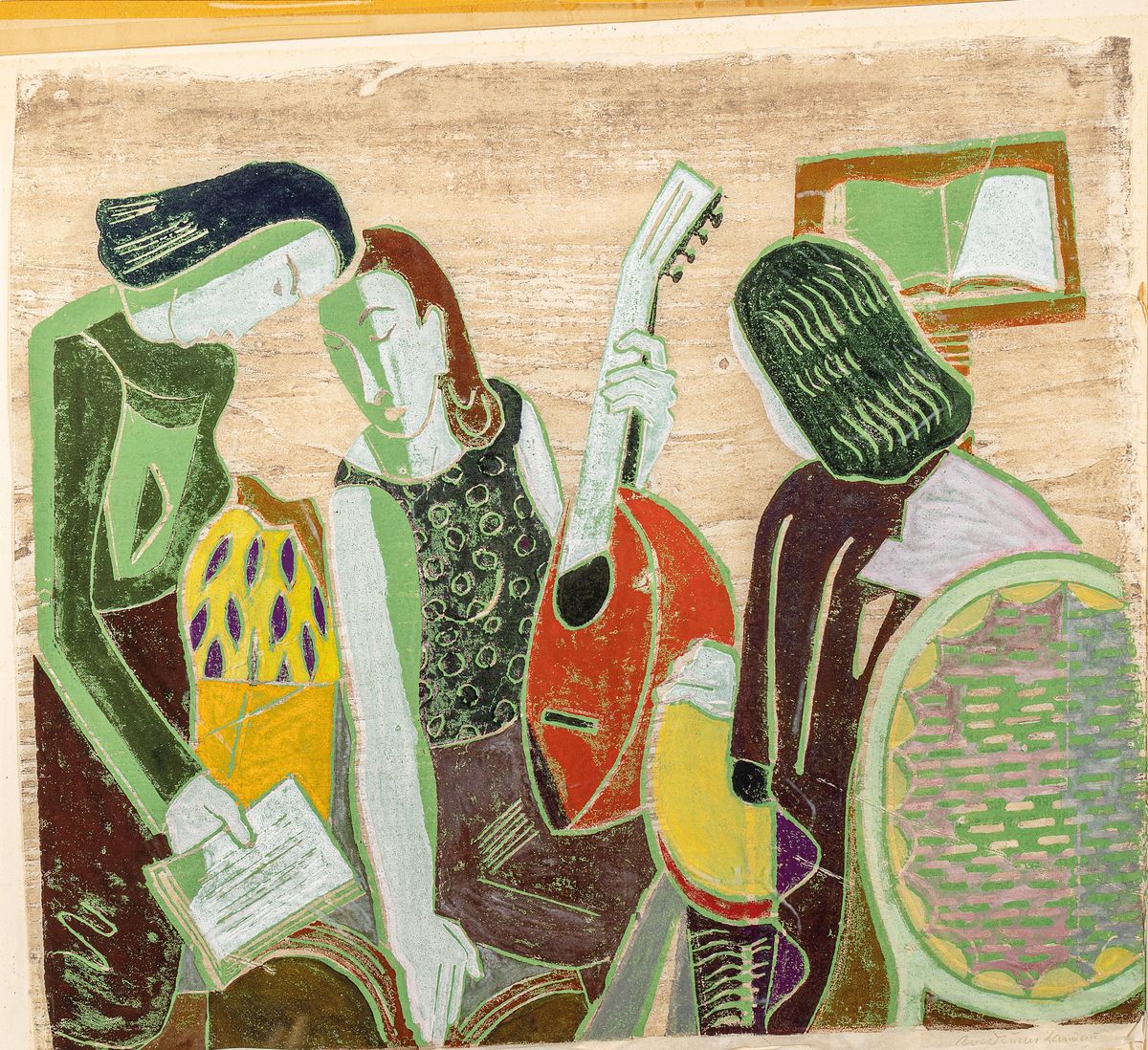 Rolf Müller-Landau, 1903 Kayingchow-1956 Bad Bergzabern, Saitenspiel, Monotypie, rechts unten signiert, ca. 45x52cm, PP, u.Gl., R. ca.70x73cm, unter ...