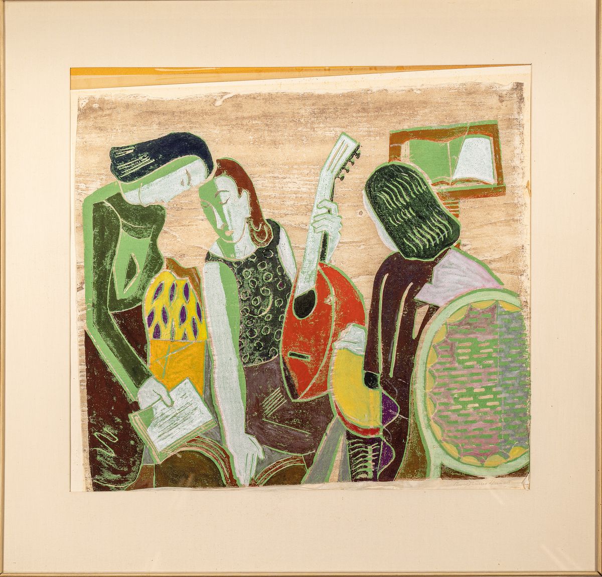 Detail k: Rolf Müller-Landau, 1903 Kayingchow-1956 Bad Bergzabern, Saitenspiel, Monotypie, rechts unten signiert, ca. 45x52cm, PP, u.Gl., R. ca.70x73cm, unter ...