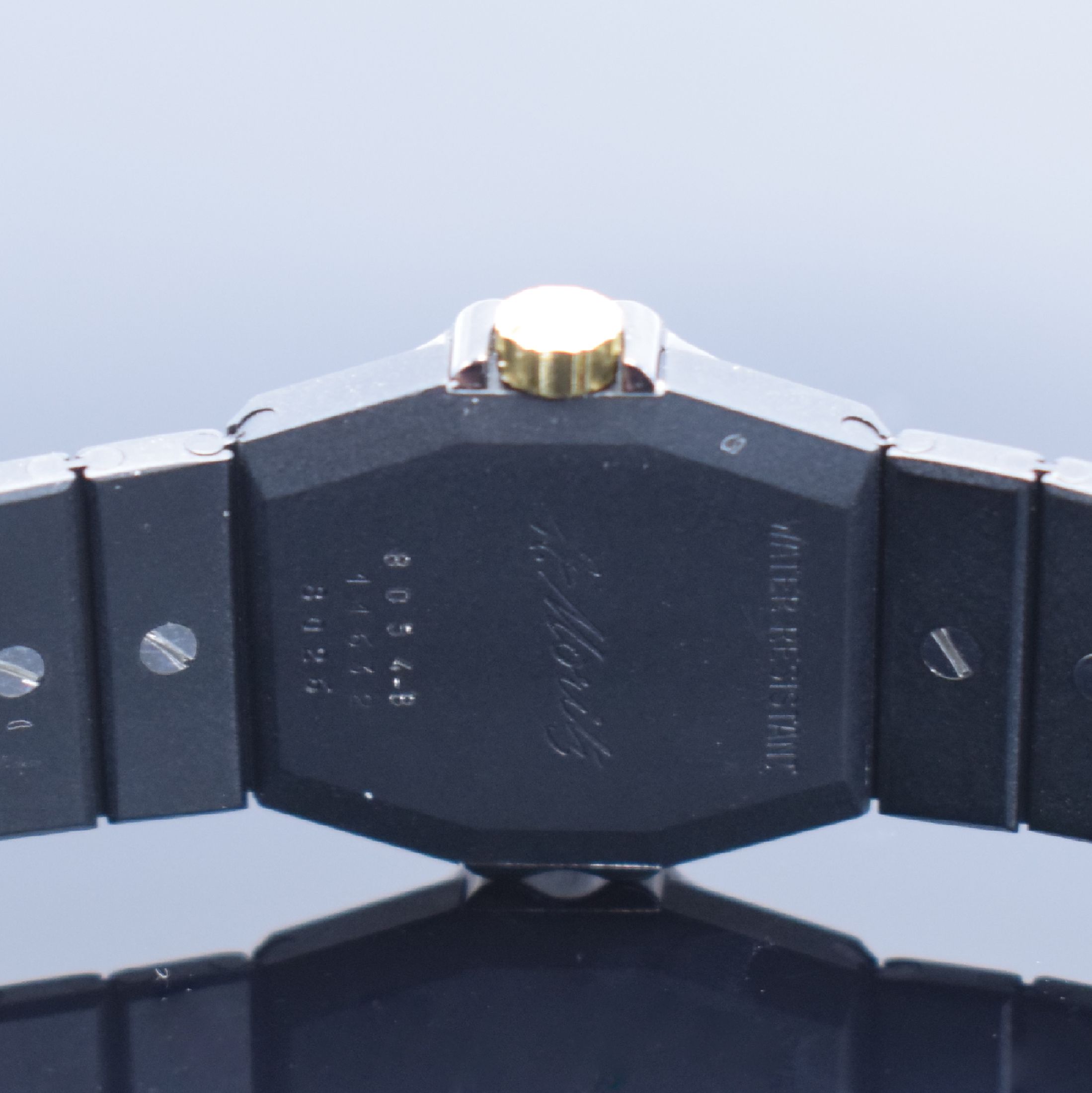 Detail d: CHOPARD St. Moritz Damenarmbanduhr Referenz 8026, Geh. wie Gliederband m. dopp. Faltschl. geschwärzt, Mittelteile des Bandes in Gold, Lünette gegen ...