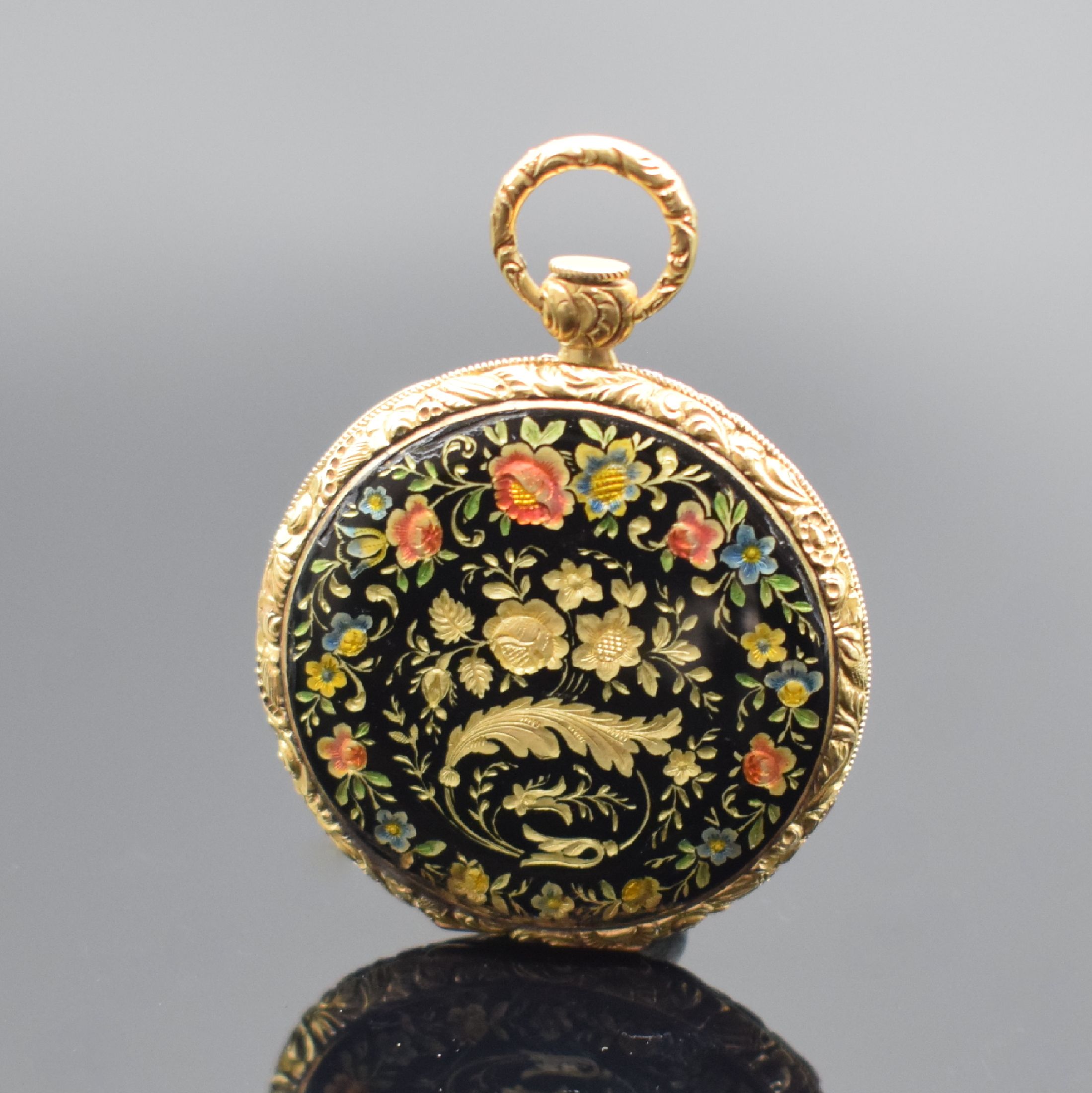 Biedermeier EMAIL-TASCHENUHR in GG 750/000, Schweiz um 1840, Schlüsselaufzug, Scharniergeh., rücks. Sprungdeckel floral grav. sowie polychrom ...