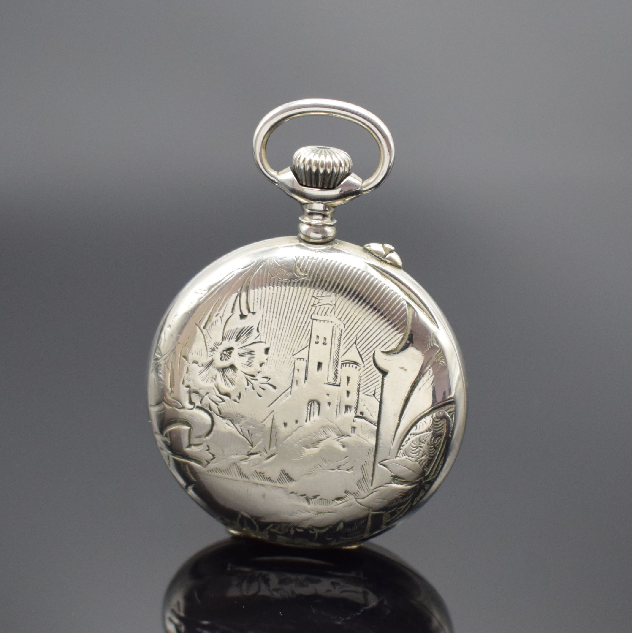 Detail a: HEBDOMAS 8-Tage Taschenuhr mit Tag, Datum & Zentralsekunde, Schweiz um 1910, Nickelgeh., rücks. Landschafts-Grav., 3/4-Emailzifferbl. m. transluzid ...