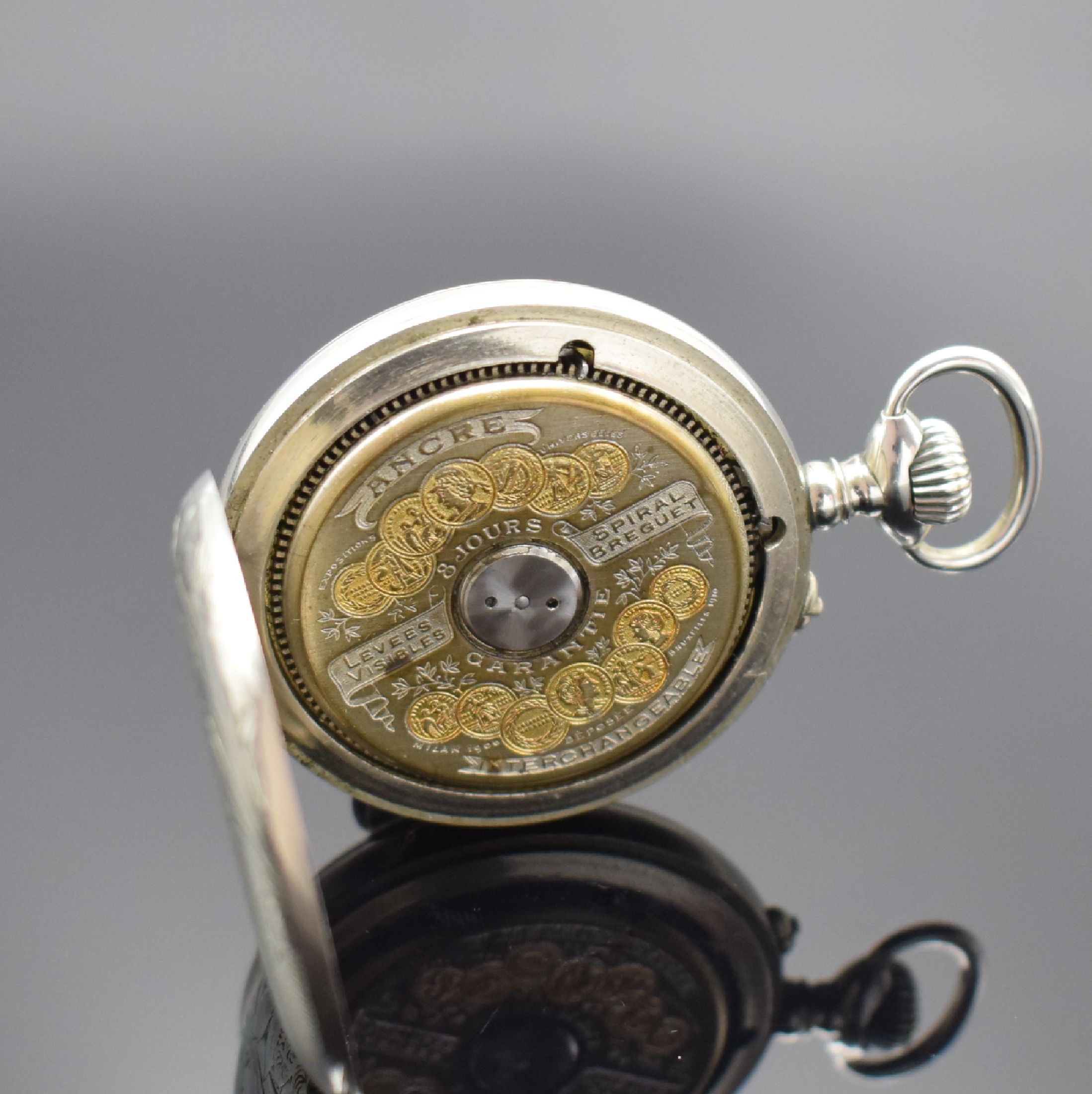 Detail c: HEBDOMAS 8-Tage Taschenuhr mit Tag, Datum & Zentralsekunde, Schweiz um 1910, Nickelgeh., rücks. Landschafts-Grav., 3/4-Emailzifferbl. m. transluzid ...
