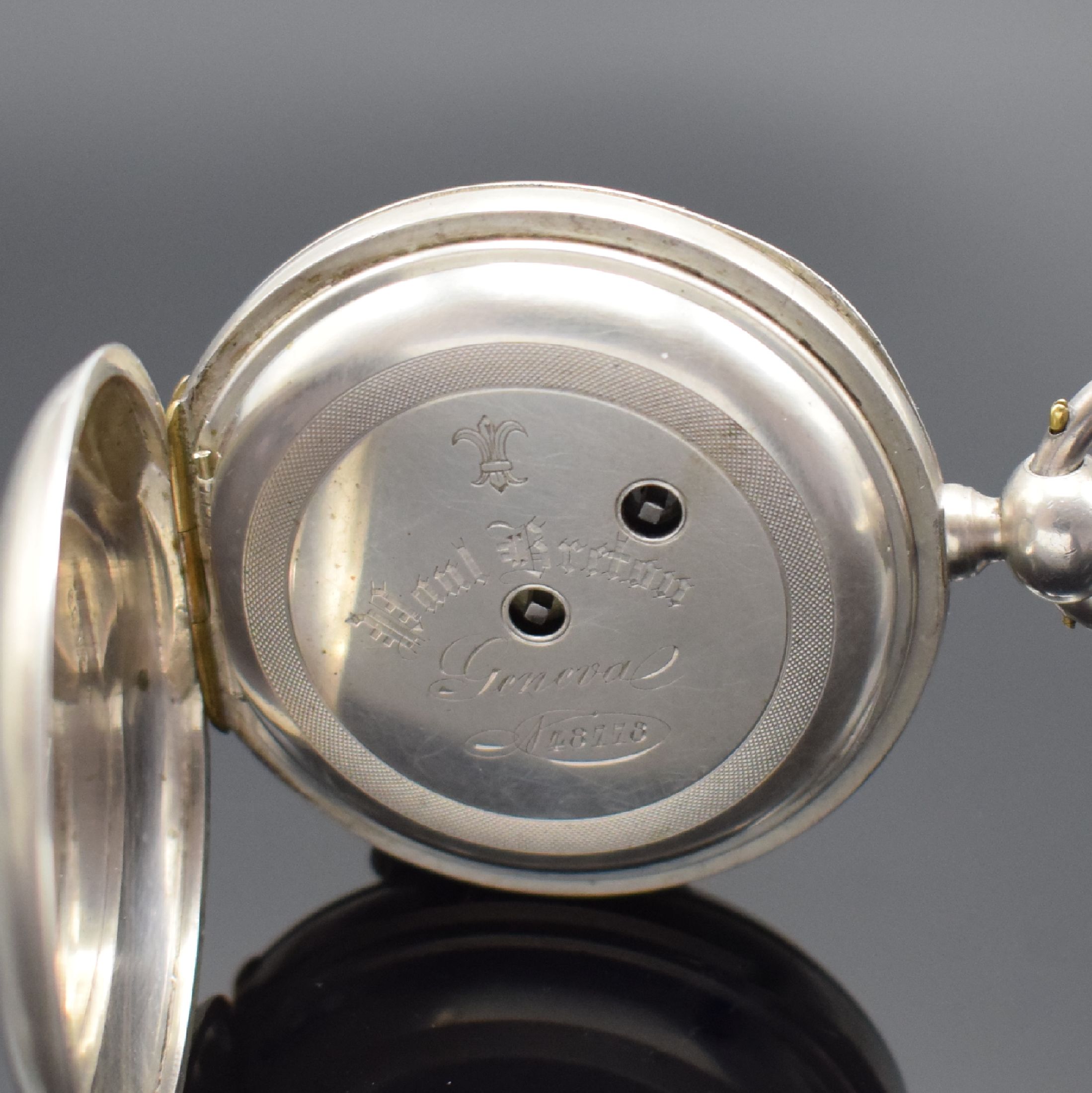 Detail c: PAUL BRETON Geneve große offene Taschenuhr in Silber, Schweiz um 1870, Schlüsselaufzug, glattes Geh., gold. Scharniere, Emailzifferbl. m. röm. ...