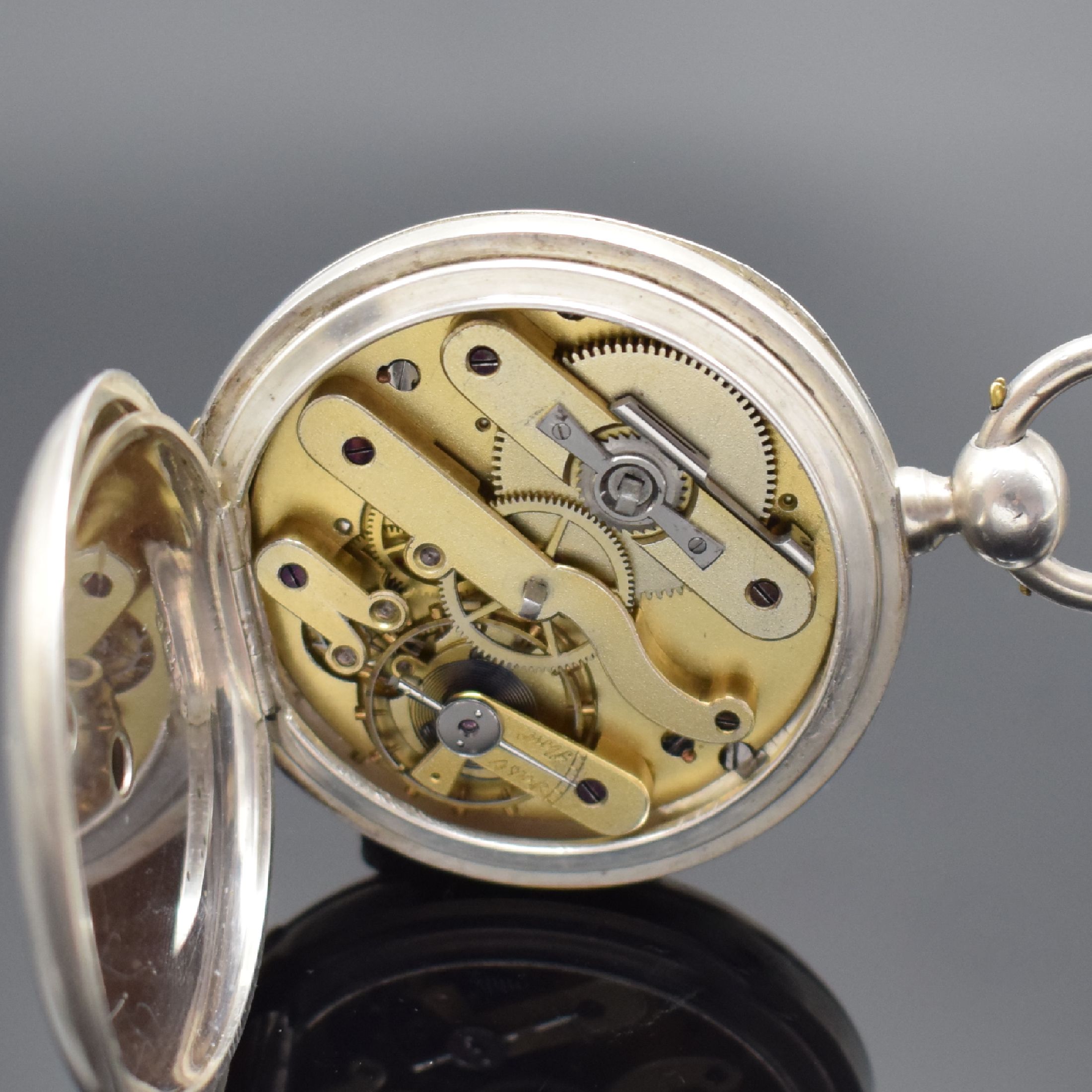 Detail e: PAUL BRETON Geneve große offene Taschenuhr in Silber, Schweiz um 1870, Schlüsselaufzug, glattes Geh., gold. Scharniere, Emailzifferbl. m. röm. ...