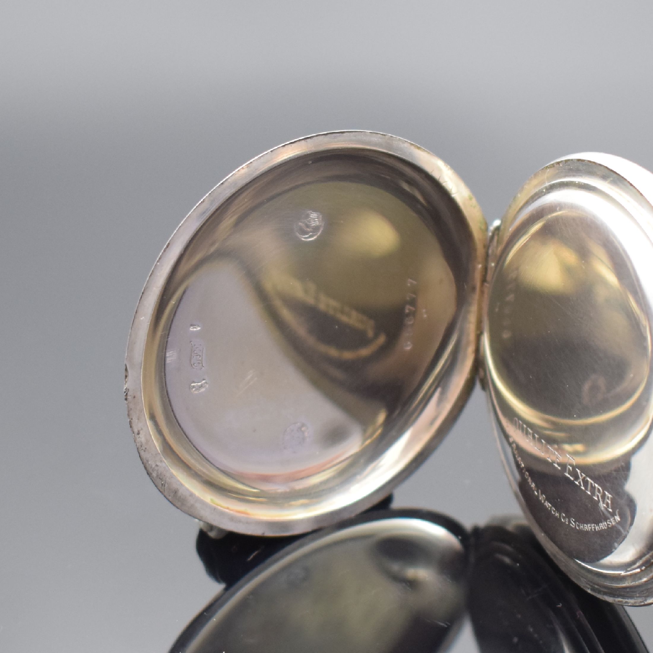 Detail b: IWC "Qualität Extra" seltene große Taschenuhr in Silber, Schweiz um 1910, glattes offenes Geh., Cuvette & Werk Qualité Extra bez., 2- ...
