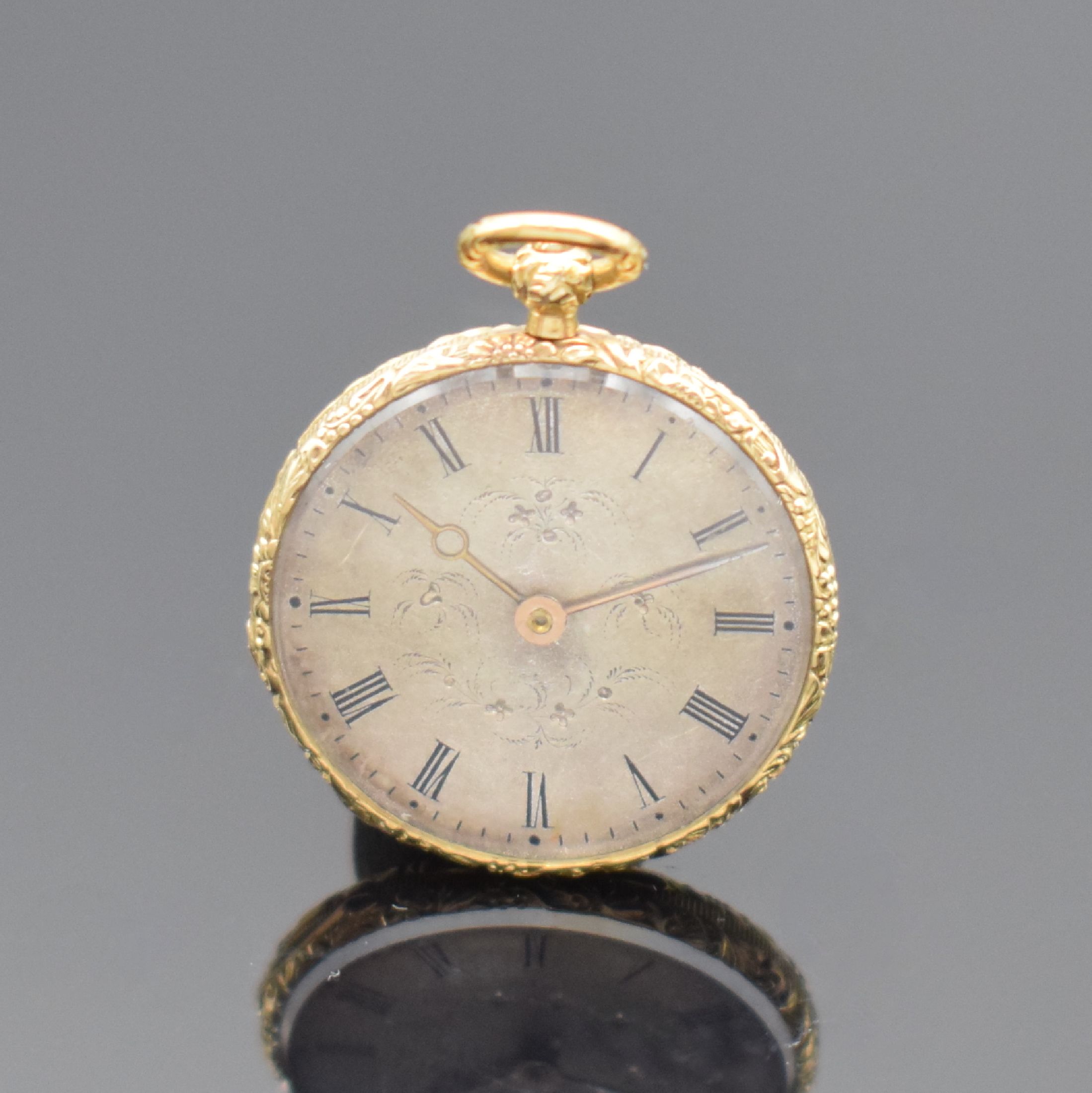 Sel. REYMOND à Geneve sehr seltene 21-mm- Taschenuhr in GG 750/000, Schweiz um 1830, Schlüsselaufzug, floral grav. sowie guill. Geh., rücks. ...