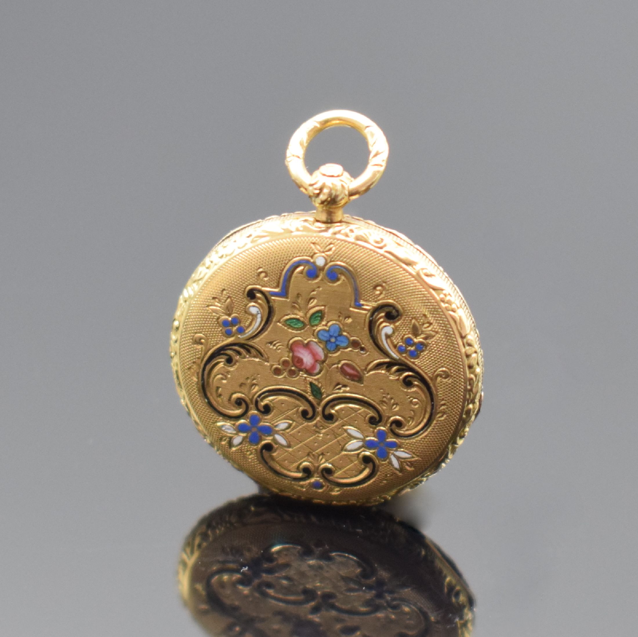 Detail a: Sel. REYMOND à Geneve sehr seltene 21-mm- Taschenuhr in GG 750/000, Schweiz um 1830, Schlüsselaufzug, floral grav. sowie guill. Geh., rücks. ...
