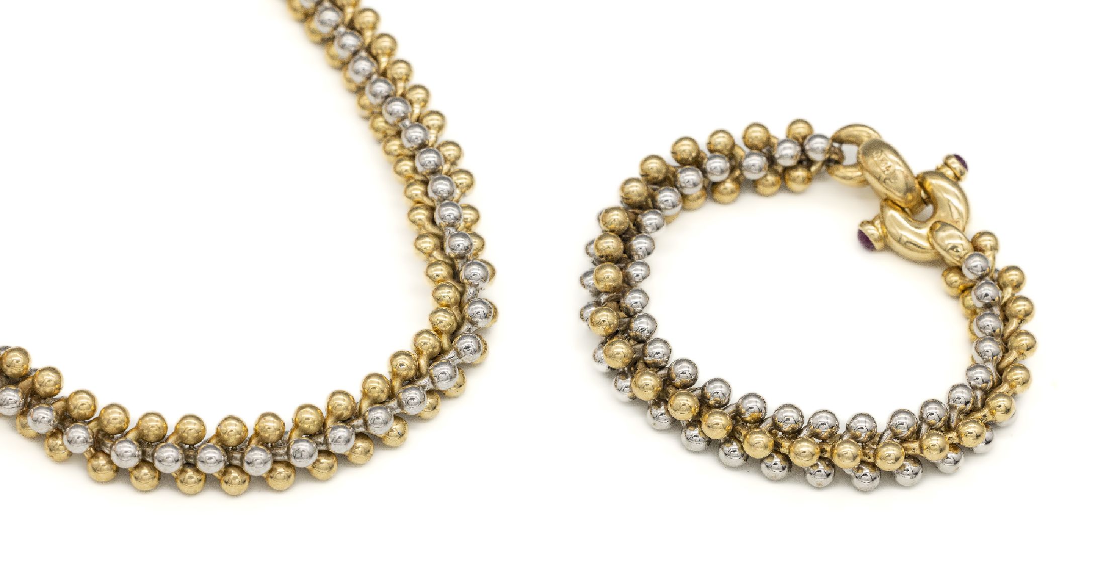 14 kt Gold Schmuckset, GG/WG 585/000, bestehend aus: Collier und Armband, quadratische Form mit je 2 Kugelreihen in GG und WG, Gr. Schließe, ...