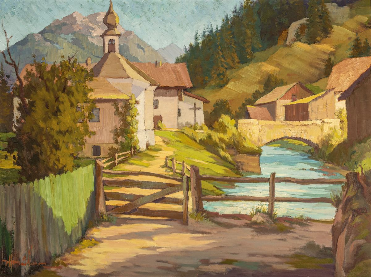 Heinz Müller, zeitgenössischer Künstler aus Wiesbaden, "Am Brenner" so verso bez., Blickdurch ein Dorf vor Alpenpanorama, signiert, ...