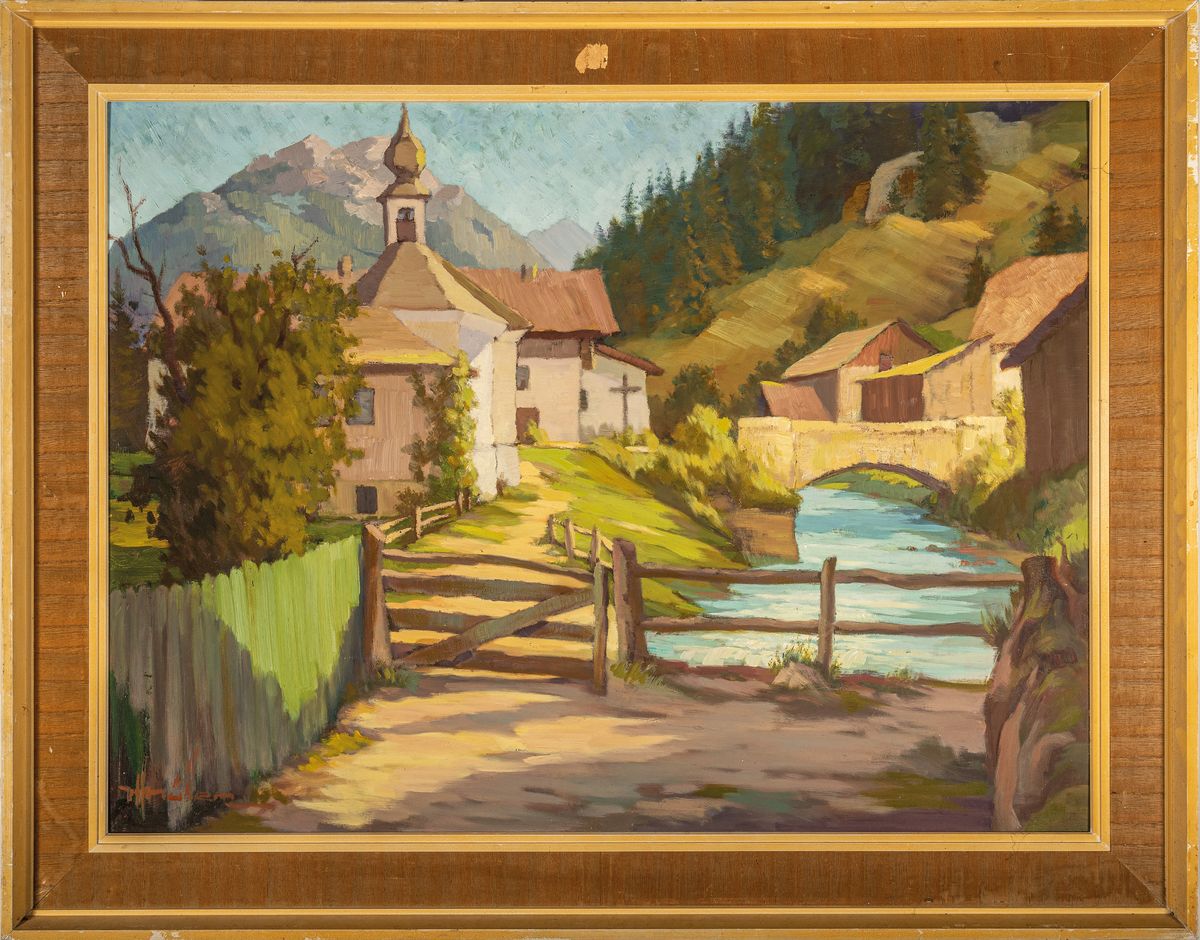 Detail k: Heinz Müller, zeitgenössischer Künstler aus Wiesbaden, "Am Brenner" so verso bez., Blickdurch ein Dorf vor Alpenpanorama, signiert, ...