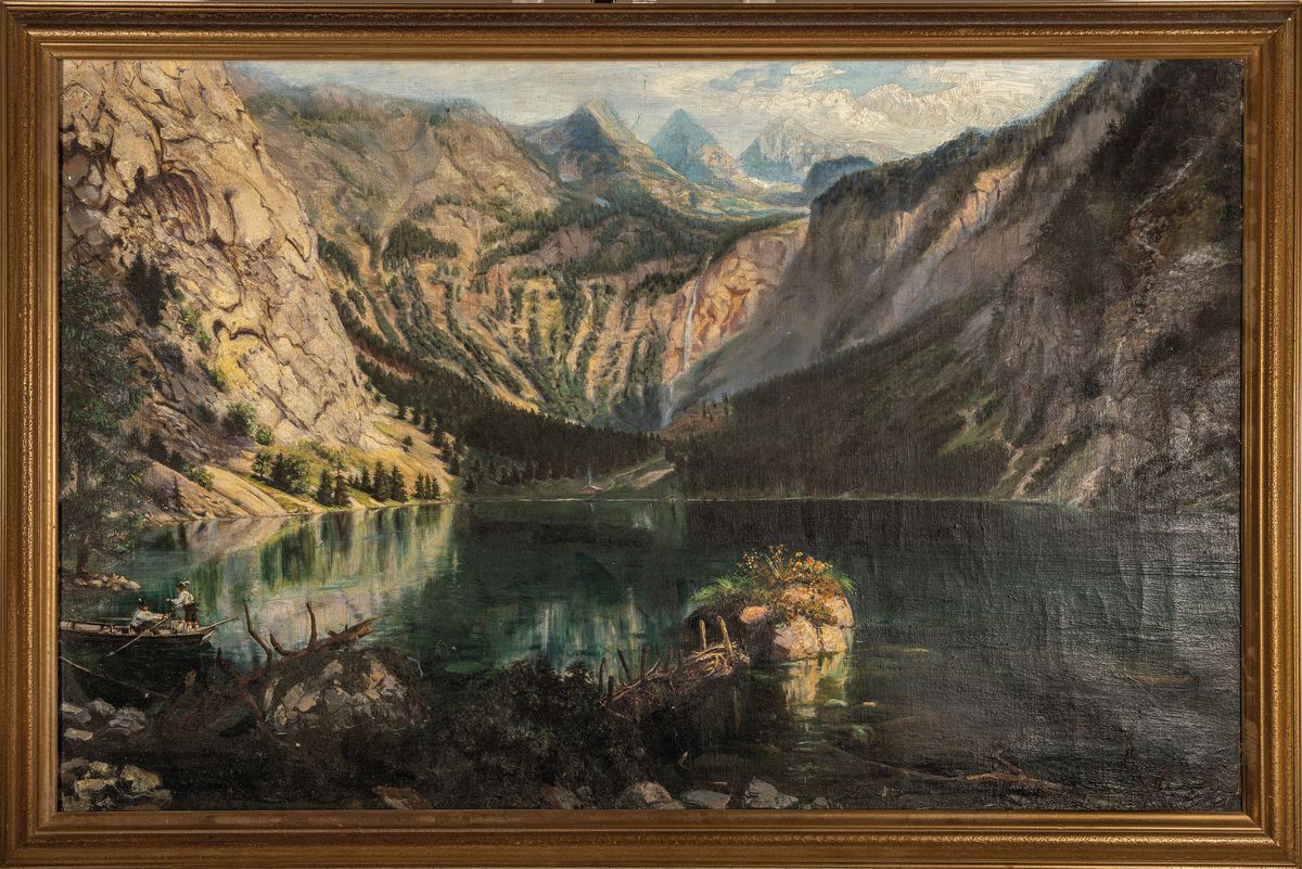 Detail k: R. Tietzen (1890), Künstler des ausgehenden 19.Jh., qualitätvolles Alpenpanorama, wohl Königssee mit zwei rudernden Trachtenträgern, rechts unten ...