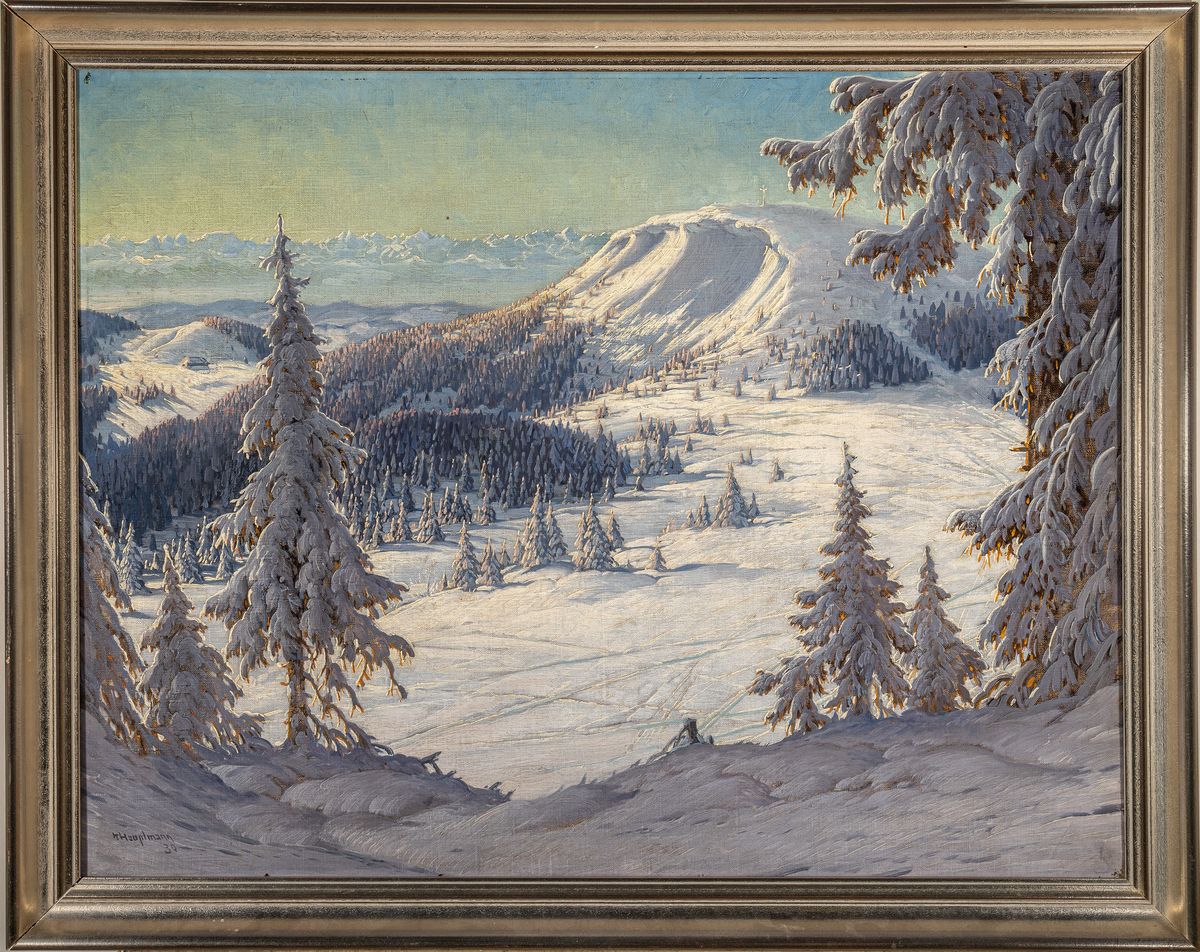 Detail k: Karl Hauptmann, 1880 Freiburg im Breisgau-1947 Todtnau, verschneite Landschaft im Schwarzwald, Öl/Lwd, besonders gelungene Tiefenwirkung, die kalte ...