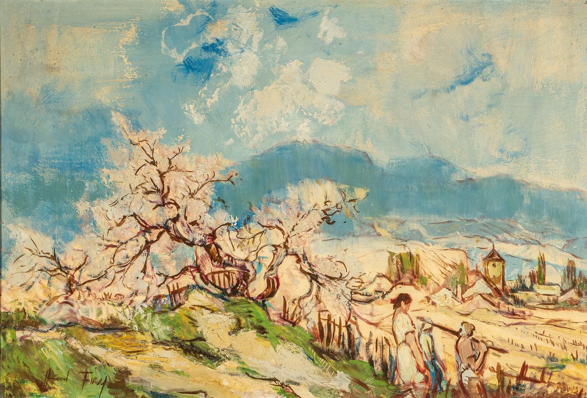 Hanns Fay, 1888 Frankenthal-1957 Neustadt a.d. Weinstraße, Blühende Obstbäume am Haardtrand mit Blick in die Rheinebene, Öl/ Platte, links unten ...