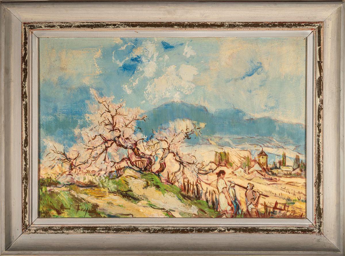 Detail k: Hanns Fay, 1888 Frankenthal-1957 Neustadt a.d. Weinstraße, Blühende Obstbäume am Haardtrand mit Blick in die Rheinebene, Öl/ Platte, links unten ...
