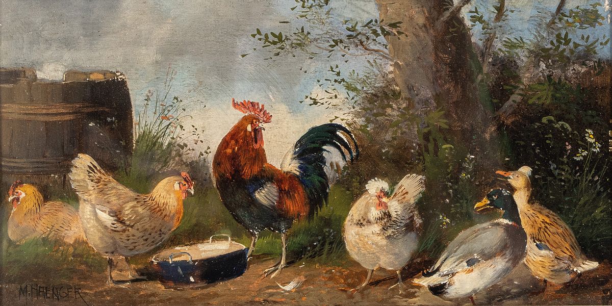 Max Haenger, 1874 München-1941 Fürstenfeldbruck, Hahn, Hühner und Enten auf dem Hof, Öl/Malkarton, links unten signiert, ca. 11x22cm, u.Gl., R. ...