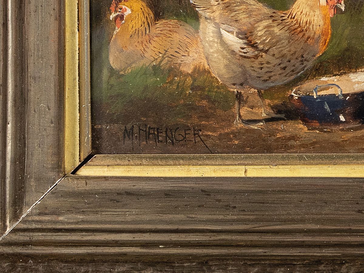 Detail a: Max Haenger, 1874 München-1941 Fürstenfeldbruck, Hahn, Hühner und Enten auf dem Hof, Öl/Malkarton, links unten signiert, ca. 11x22cm, u.Gl., R. ...