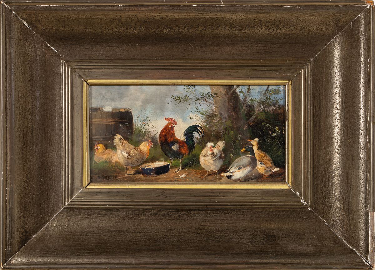Detail k: Max Haenger, 1874 München-1941 Fürstenfeldbruck, Hahn, Hühner und Enten auf dem Hof, Öl/Malkarton, links unten signiert, ca. 11x22cm, u.Gl., R. ...