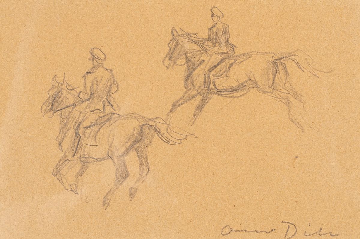 Otto Dill, 1884 Neustadt a. d. Weinstraße-1957Bad Dürkheim, zwei Soldaten zu Pferd, Bleistiftzeichnung auf Papier, leicht gebräunt, rechts unten ...