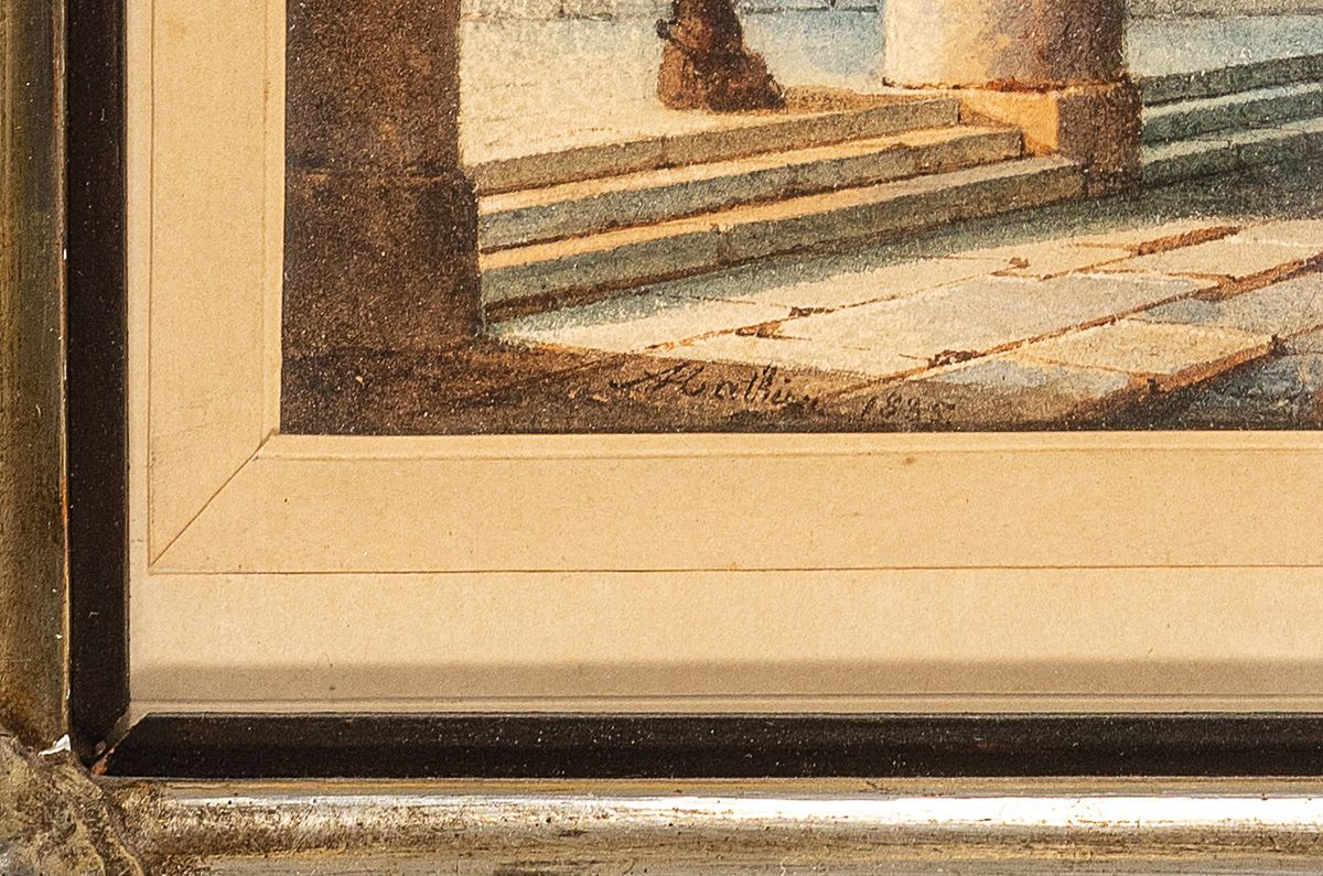 Detail a: Auguste Mathieu, 1810-1864, Mönche im Innenhof eines Klosters, Aquarell auf Papier, links unten signiert und dat. 1835, ca. 18x15 cm, u.Gl., R. ca. ...