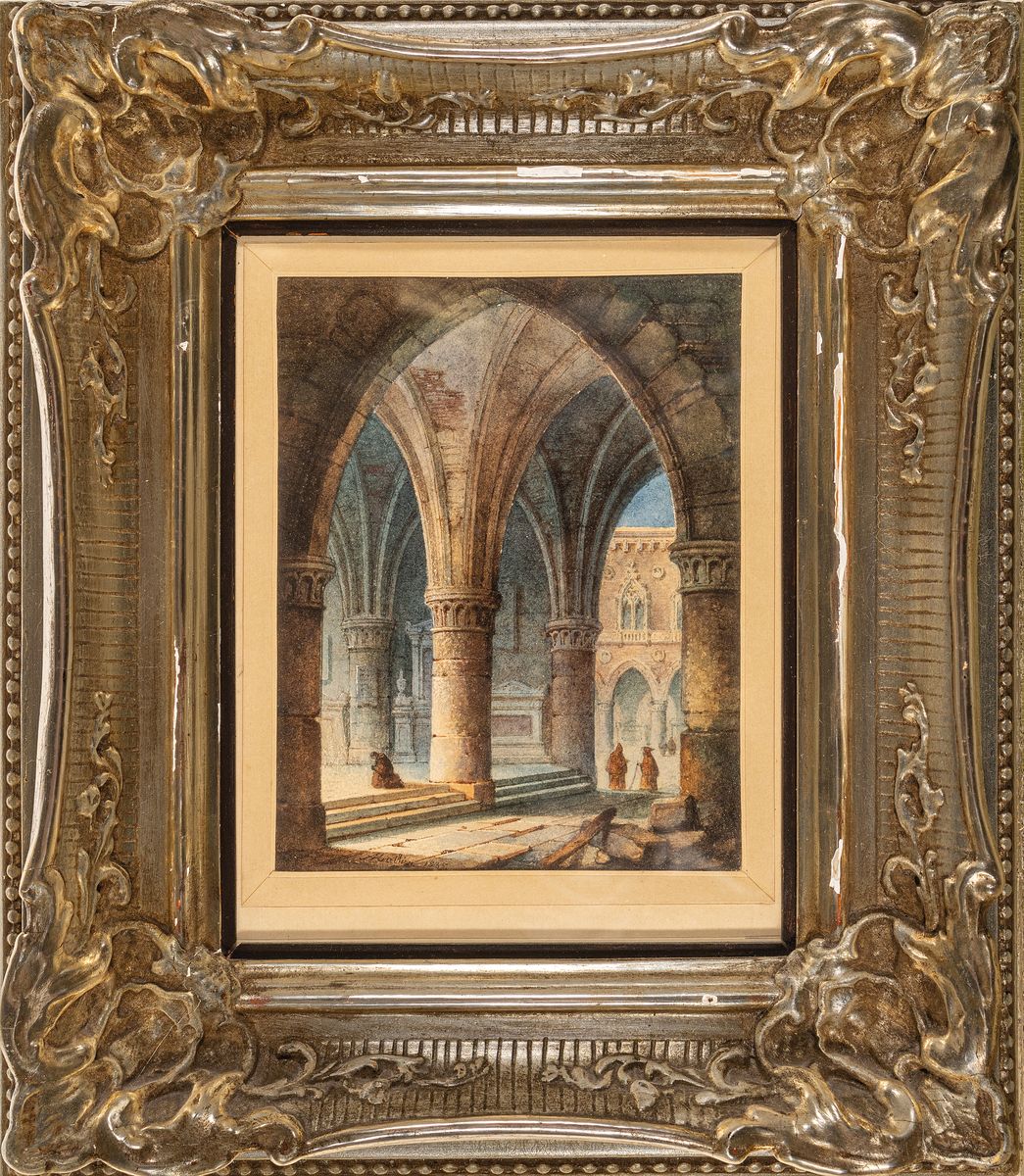 Detail k: Auguste Mathieu, 1810-1864, Mönche im Innenhof eines Klosters, Aquarell auf Papier, links unten signiert und dat. 1835, ca. 18x15 cm, u.Gl., R. ca. ...