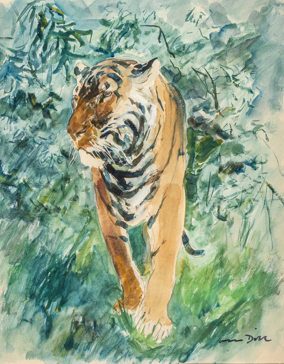 Otto Dill, 1884 Neustadt-1957 Bad Dürkheim, schreitender Tiger, auf den Betrachter zugehend, Aquarell auf Papier, rechts unten signiert, ca. ...