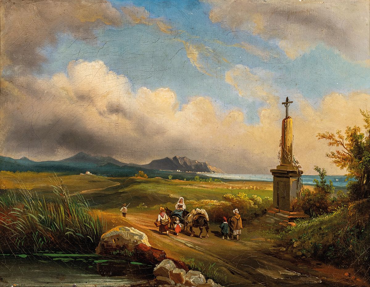 Unbekannter Künstler, wohl Frankreich, um 1870, Personen auf einem Feldweg passieren ein Feldkreuz, Öl/Lwd, restauriert, unsigniert, ca. 27x35cm, ...