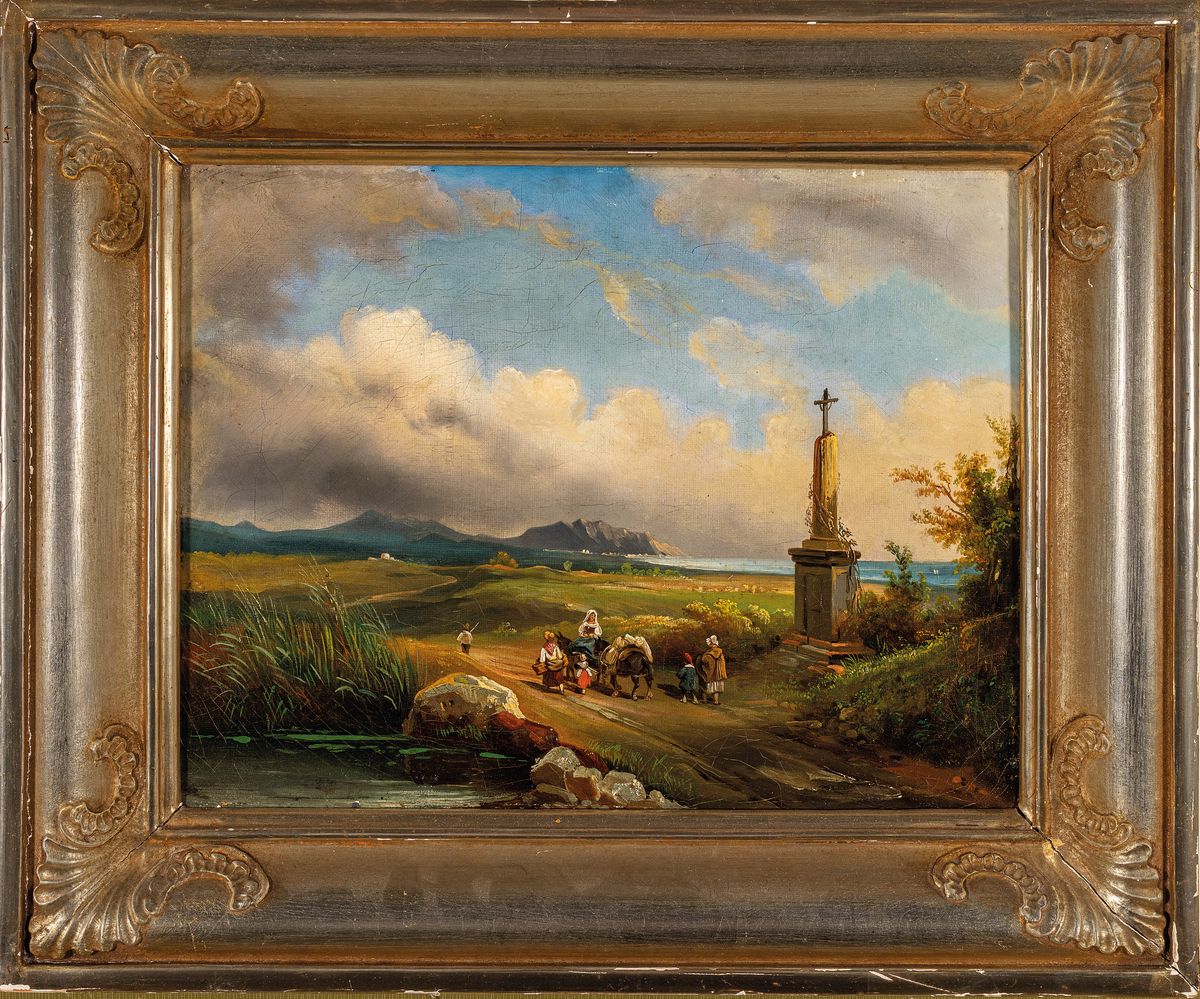 Detail k: Unbekannter Künstler, wohl Frankreich, um 1870, Personen auf einem Feldweg passieren ein Feldkreuz, Öl/Lwd, restauriert, unsigniert, ca. 27x35cm, ...