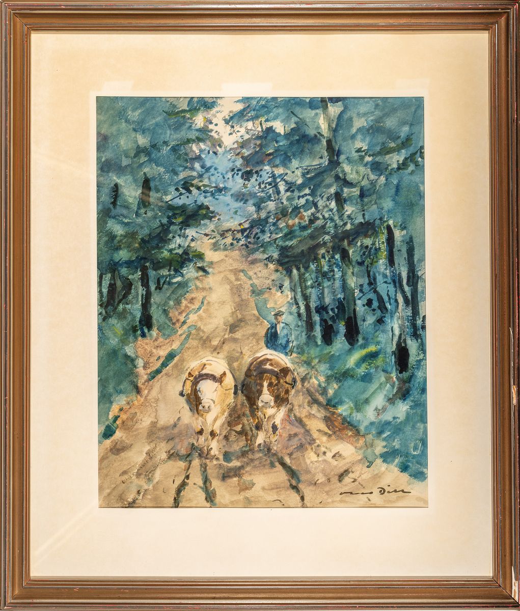 Detail k: Otto Dill, 1884 Neustadt-1957 Bad Dürkheim, Bauer mit zwei Ochsen, einen Hohlweg entlang kommend, Aquarell, rechts unten signiert, ca.47x38cm, PP, ...