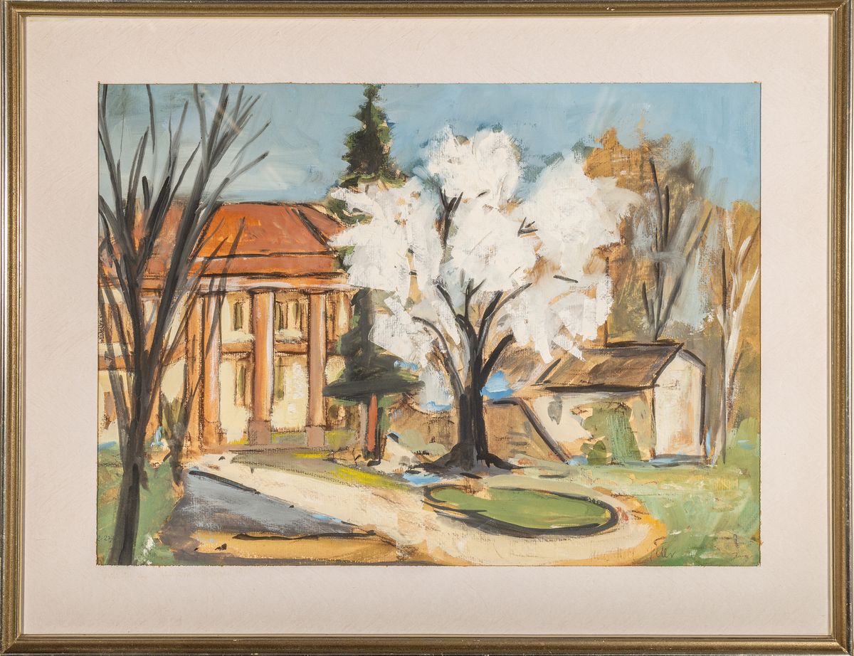 Detail k: Hans Rolf Peter, 1926-2020 Neustadt a. d. Weinstraße, Ansicht aus der Pfalz, evtl. Villa Ludwigshöhe, Gouache auf Papier, rechts unten signiert, ...