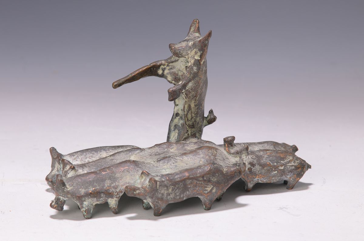 Liesel Metten, 1938 Recklingshausen, studierte 1957 bei Prof Heinrich Kirchner bildenen Kunst, hier: Bronzeskulptur, Schweineherde, Jahresgabe 1988, ...