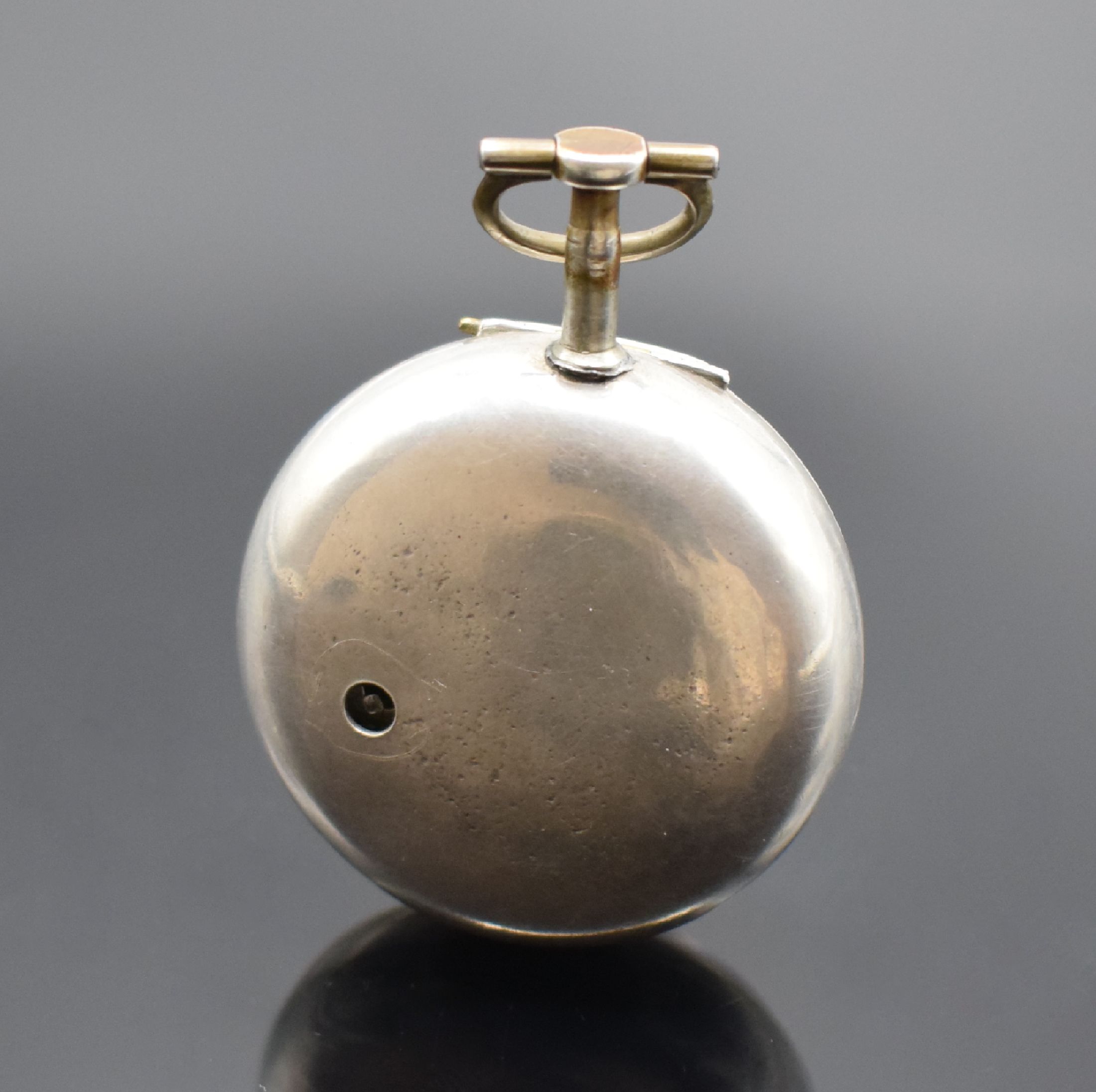 Detail c: Tho. HOUGHTON Spindeltaschenuhr in Silber, England 1781, doppeltes Gehäuse, Emailzifferblatt m. röm. Zahlen & arab. Minuterie, Zeiger lack. (sp.), ...