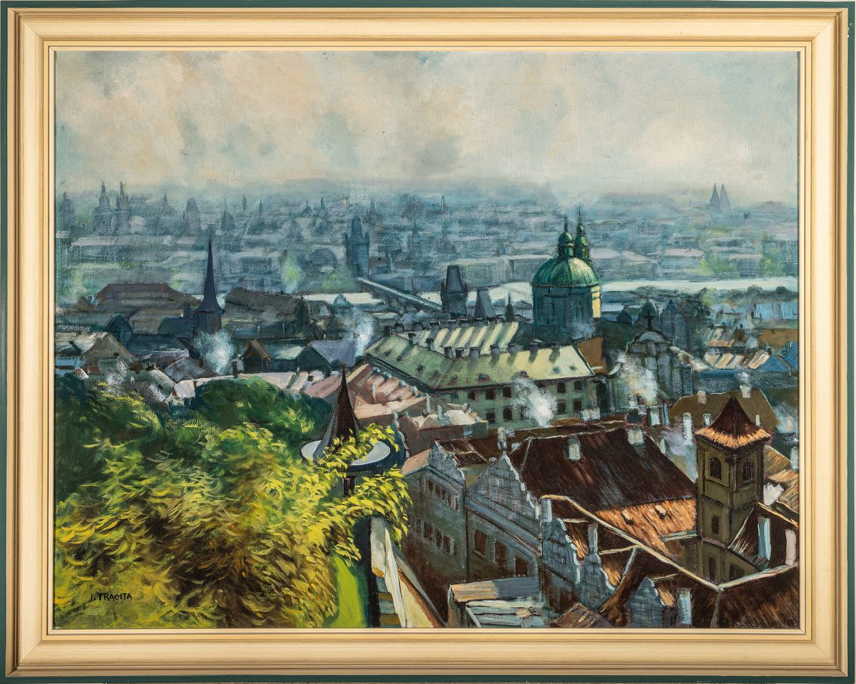 Detail k: J. Trachta, Tschechischer Künstler des 20. Jh., Blick über die Dächer von Prag, Öl/Lwd, links unten signiert, ca. 70x90cm, R. ca. 78x98cm