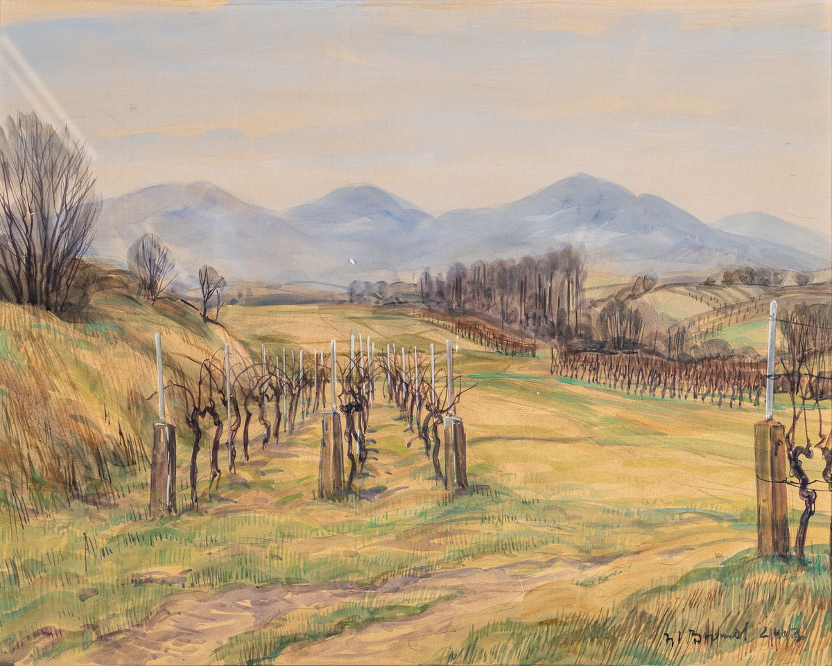 Detail a: Werner Brand, 1933 Löbau-2021 Hochstadt/Pfalz, zwei Arbeiten: In den pfälzer Weinbergen, Aquarell auf Papier, rechts unten signiert und dat. 2003, ...