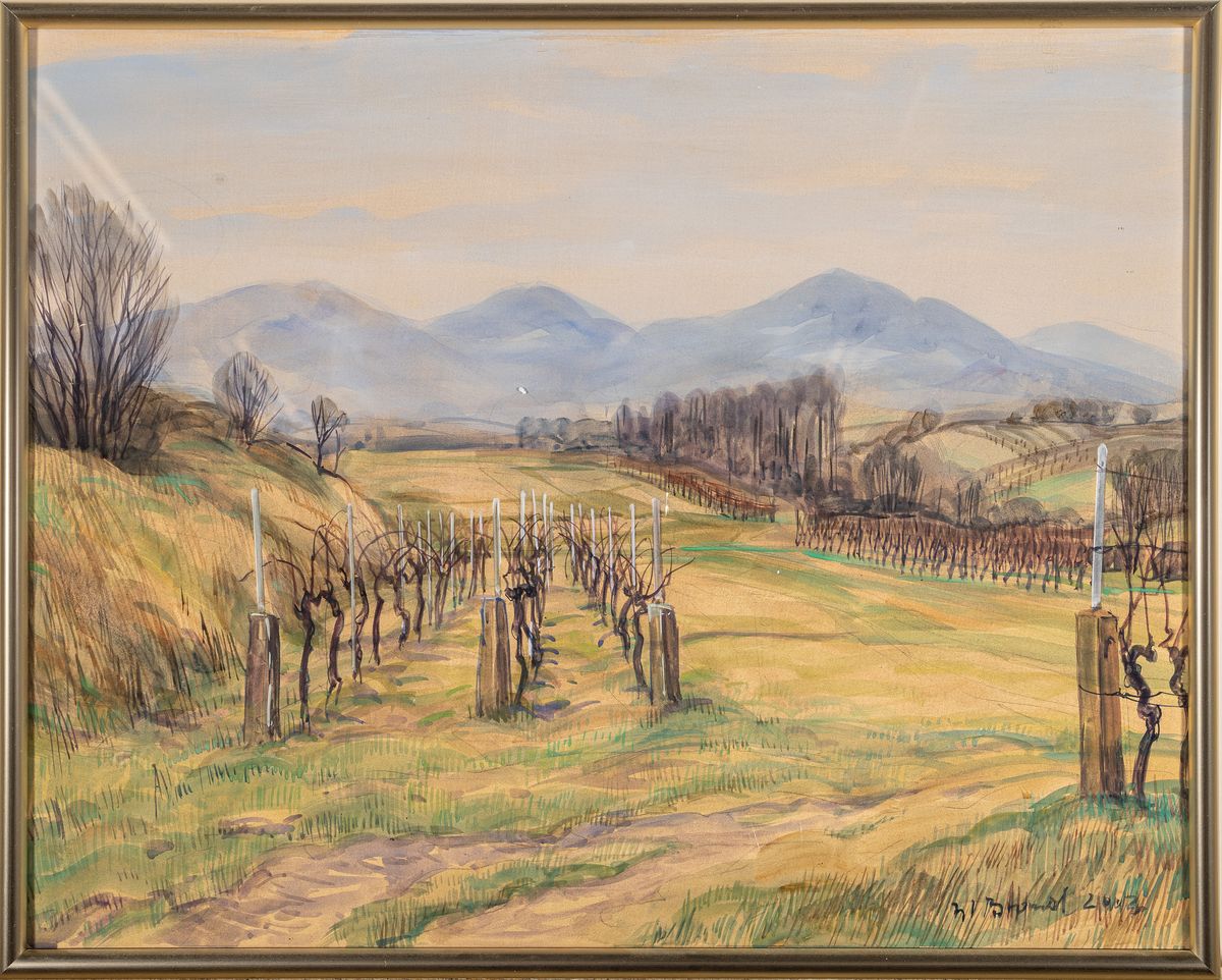 Detail l: Werner Brand, 1933 Löbau-2021 Hochstadt/Pfalz, zwei Arbeiten: In den pfälzer Weinbergen, Aquarell auf Papier, rechts unten signiert und dat. 2003, ...