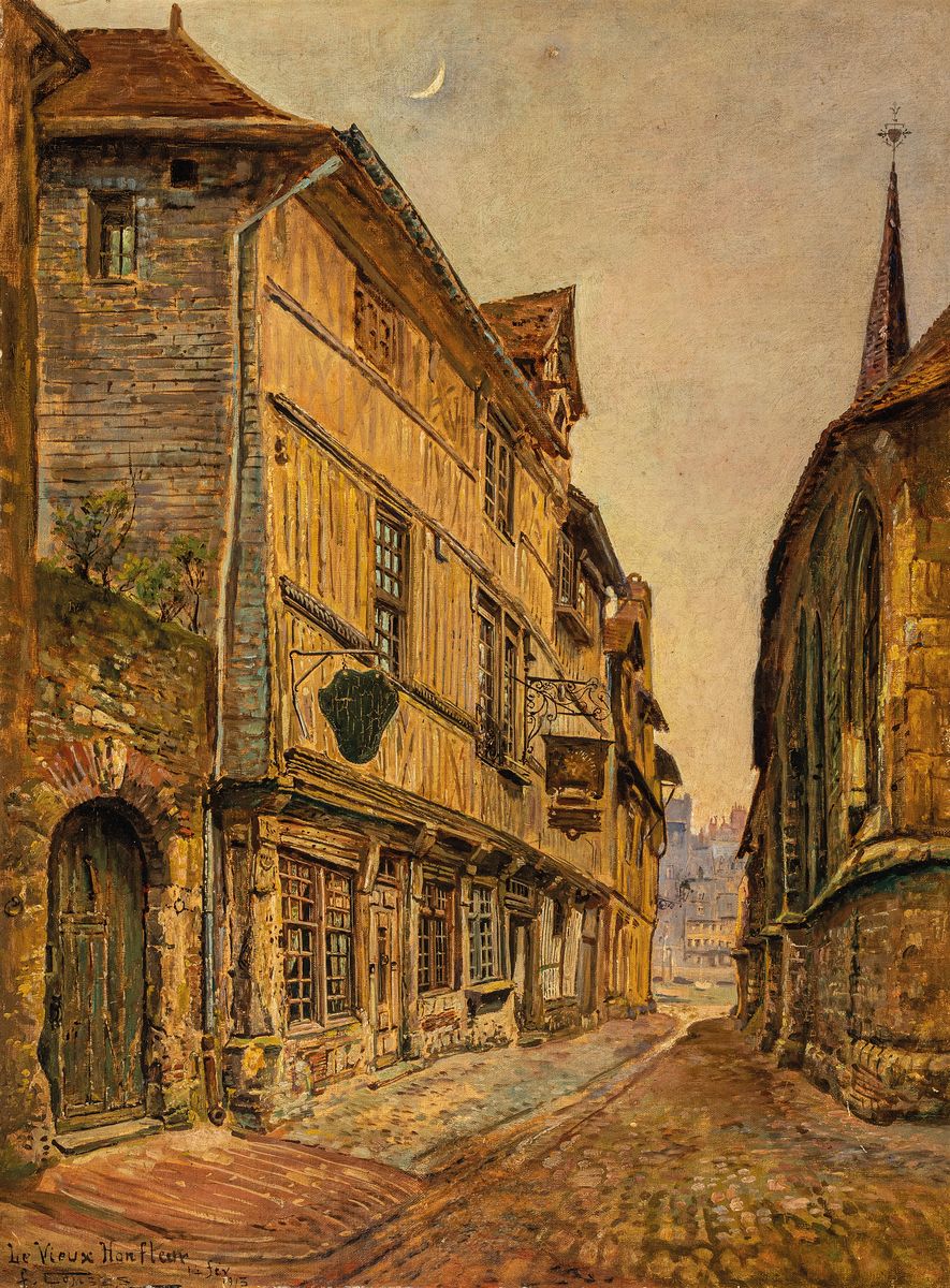 Fernand Combes, 1856-1943, Frankreich, Le Vieux Honfleur, Öl/Hartfaser, links unten betitelt, signiert und dat. 1913, ca. 72x53cm, R. ca. 86x68cm