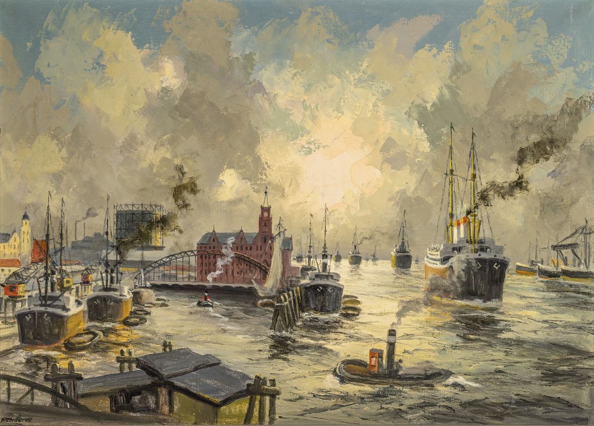 Paul Ehrhardt, 1888-1981, Hafen mit ein- und auslaufenden Schiffen, Öl/Lwd, links unten signiert, ca. 64x90cm, R. ca. 75x101cm