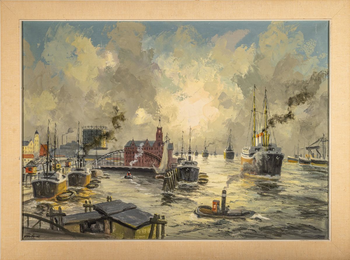 Detail k: Paul Ehrhardt, 1888-1981, Hafen mit ein- und auslaufenden Schiffen, Öl/Lwd, links unten signiert, ca. 64x90cm, R. ca. 75x101cm