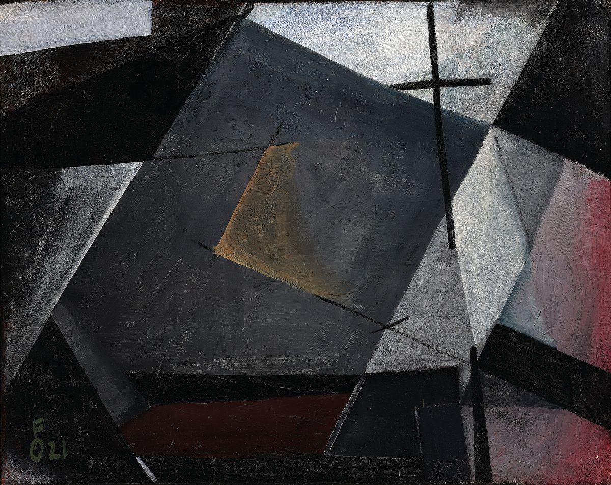 Oskar Fischer, 1892 Karlsruhe-1955 Berlin, Abstrakte Komposition, Öl/Lwd, links unten monogr. und dat. 21, ca. 41x51.8cm, R. ca. 58x68cm