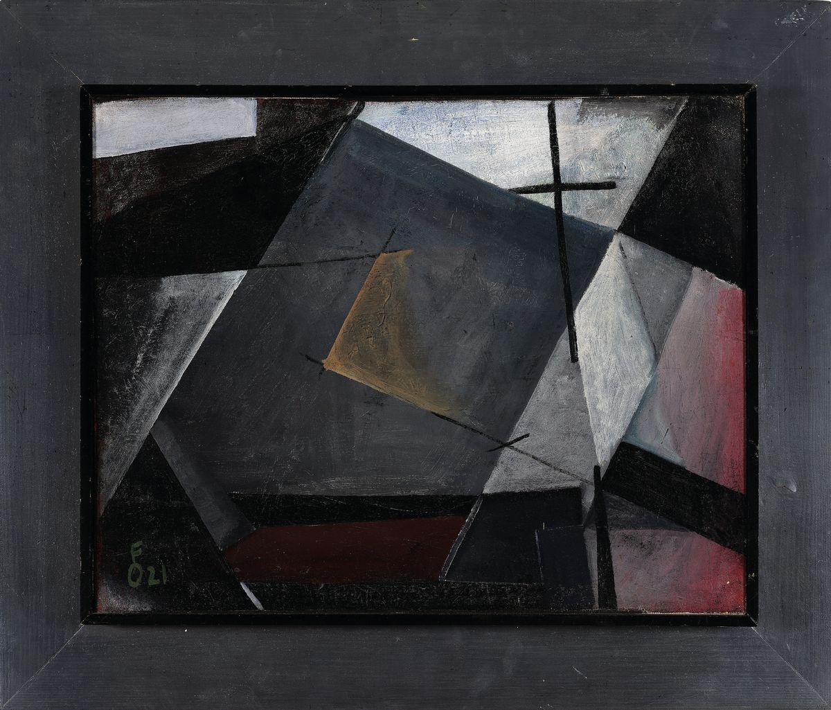 Detail k: Oskar Fischer, 1892 Karlsruhe-1955 Berlin, Abstrakte Komposition, Öl/Lwd, links unten monogr. und dat. 21, ca. 41x51.8cm, R. ca. 58x68cm