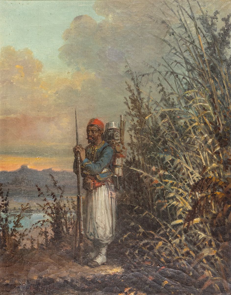 Unbekannter Künstler, wohl Frankreich, um 1870-80, Ganzporträt eines Zuaven, Wache haltend, Öl/Lwd, unsigniert, 36.5x29cm, R. ca. 51x43cm