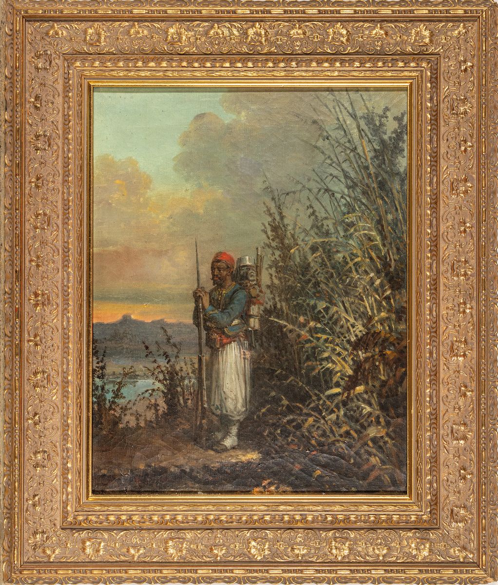 Detail k: Unbekannter Künstler, wohl Frankreich, um 1870-80, Ganzporträt eines Zuaven, Wache haltend, Öl/Lwd, unsigniert, 36.5x29cm, R. ca. 51x43cm