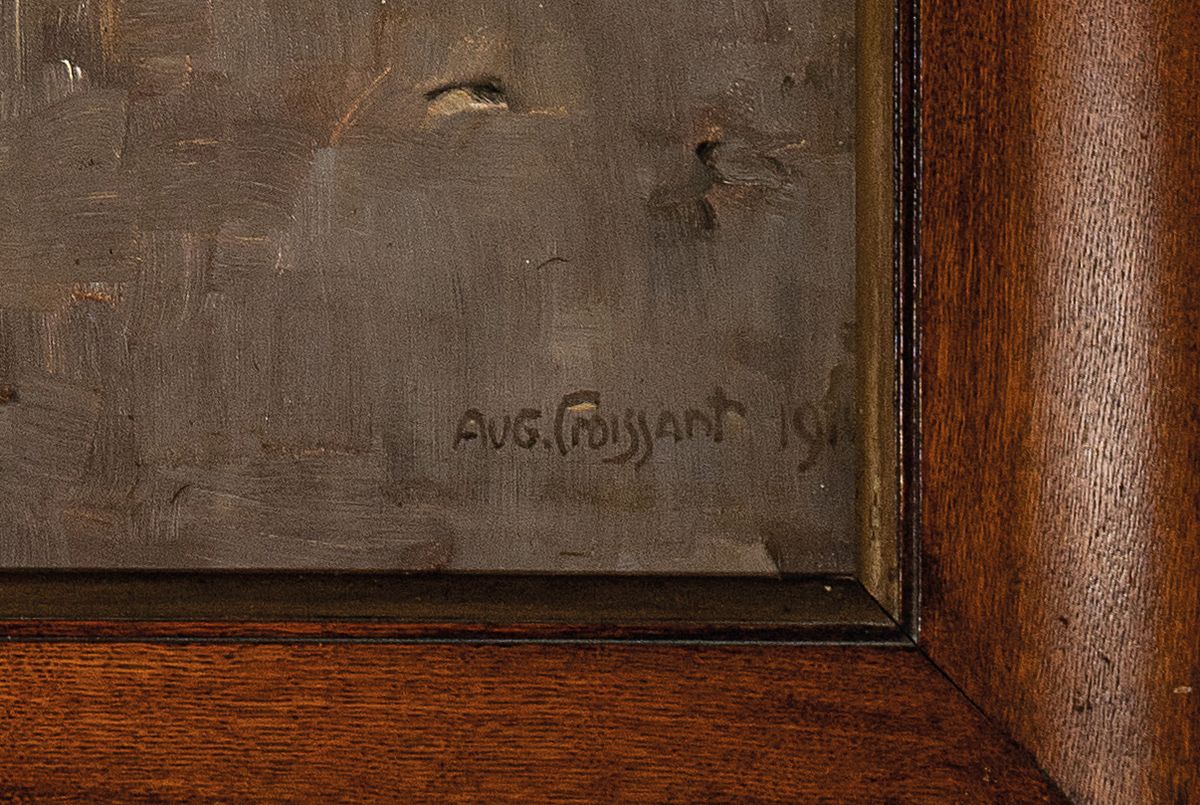 Detail a: August Croissant, 1870 Edenkoben-1941 Landau, großformatiges Werk: Junge Frau mit Korb voller Trauben, unter Weinreben sitzend, im Hintergrund ...