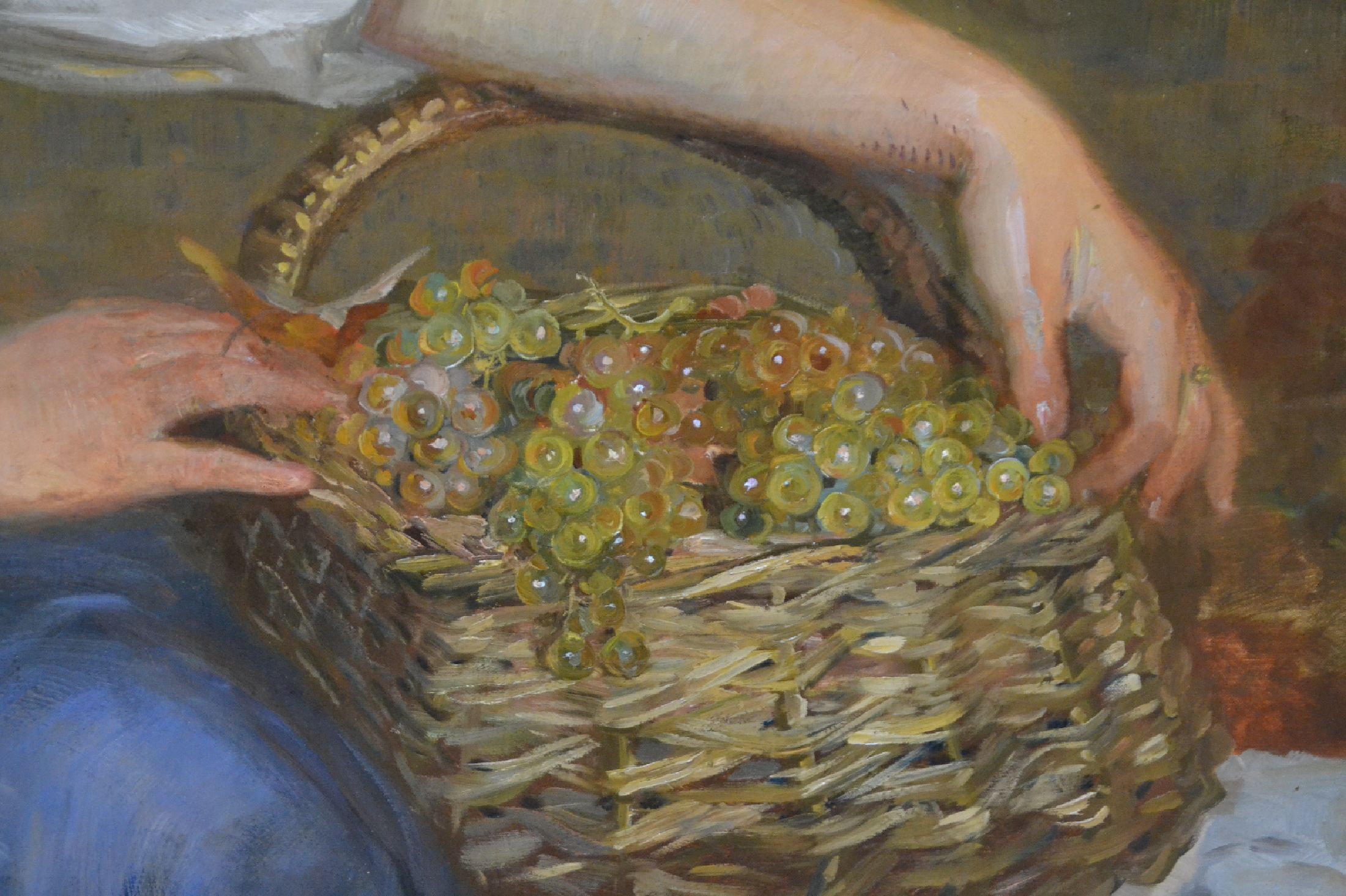 Detail b: August Croissant, 1870 Edenkoben-1941 Landau, großformatiges Werk: Junge Frau mit Korb voller Trauben, unter Weinreben sitzend, im Hintergrund ...