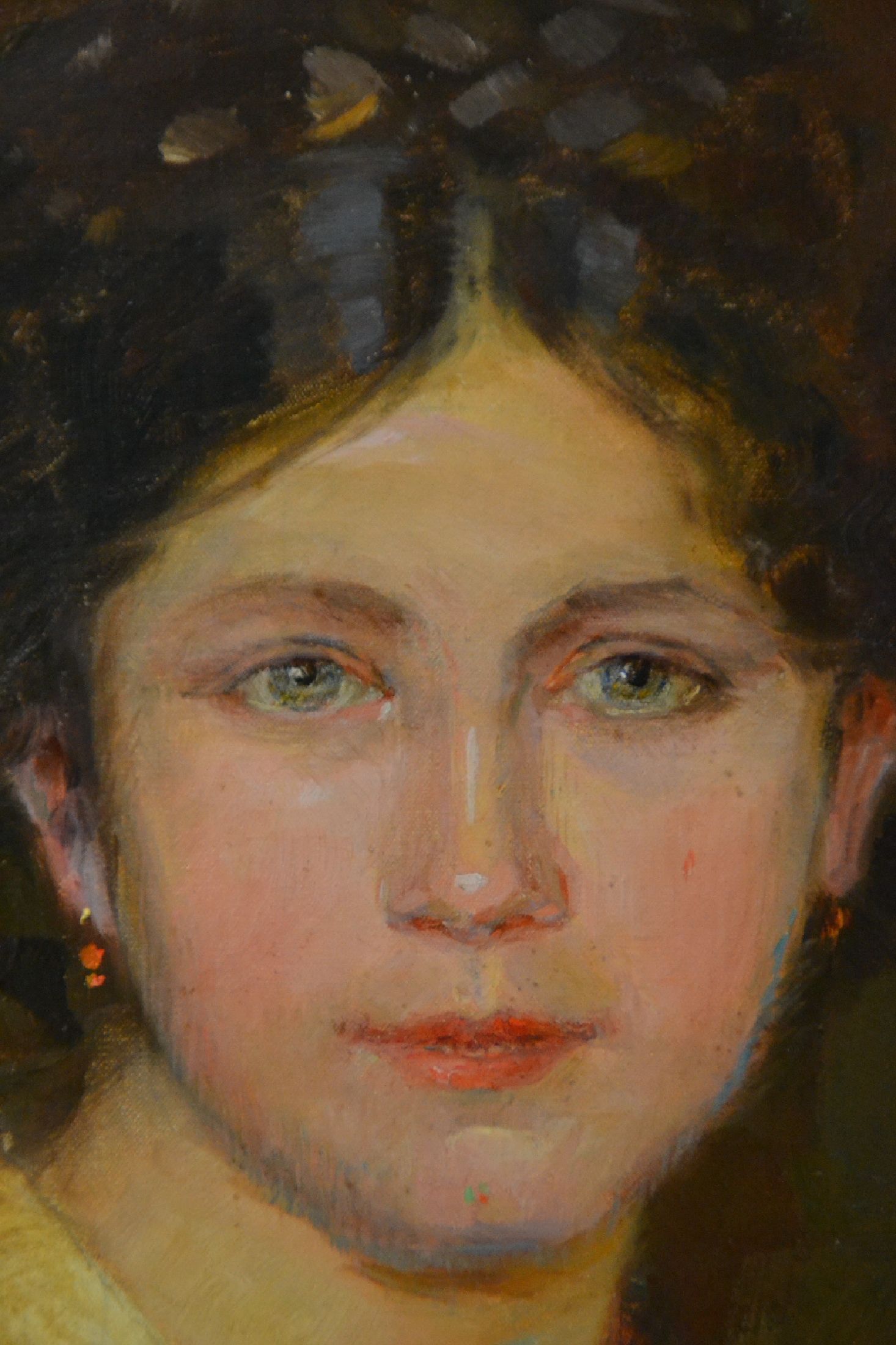 Detail c: August Croissant, 1870 Edenkoben-1941 Landau, großformatiges Werk: Junge Frau mit Korb voller Trauben, unter Weinreben sitzend, im Hintergrund ...