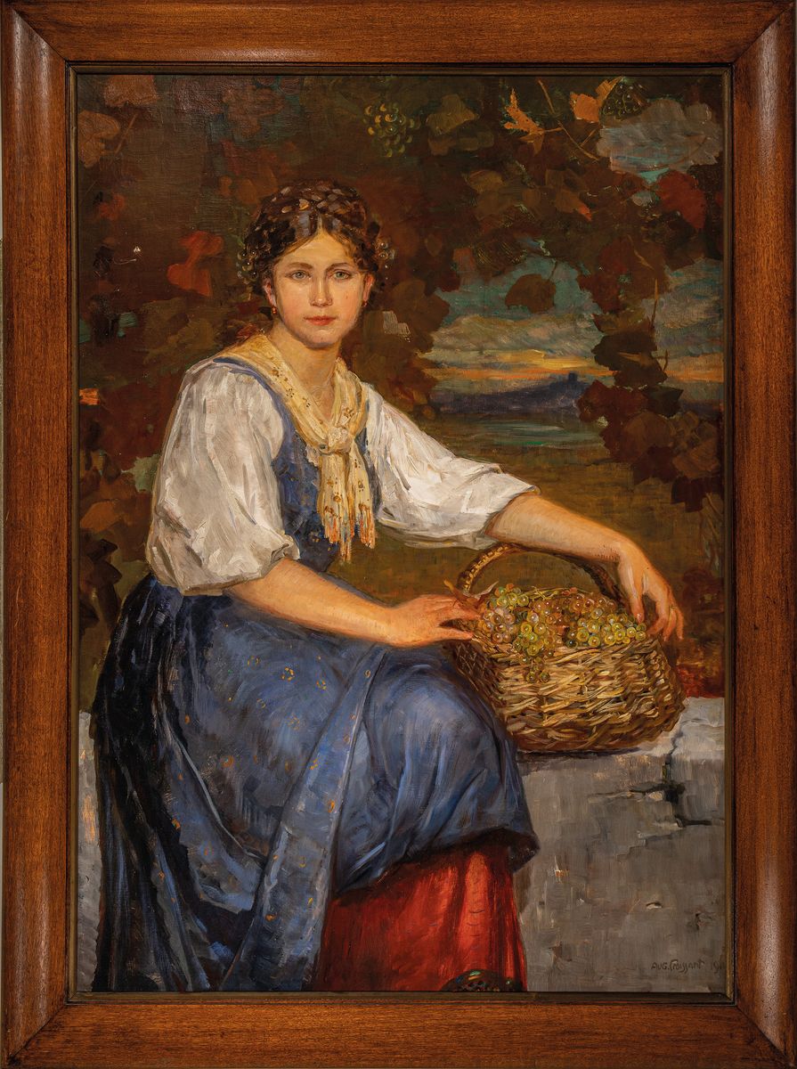 Detail k: August Croissant, 1870 Edenkoben-1941 Landau, großformatiges Werk: Junge Frau mit Korb voller Trauben, unter Weinreben sitzend, im Hintergrund ...
