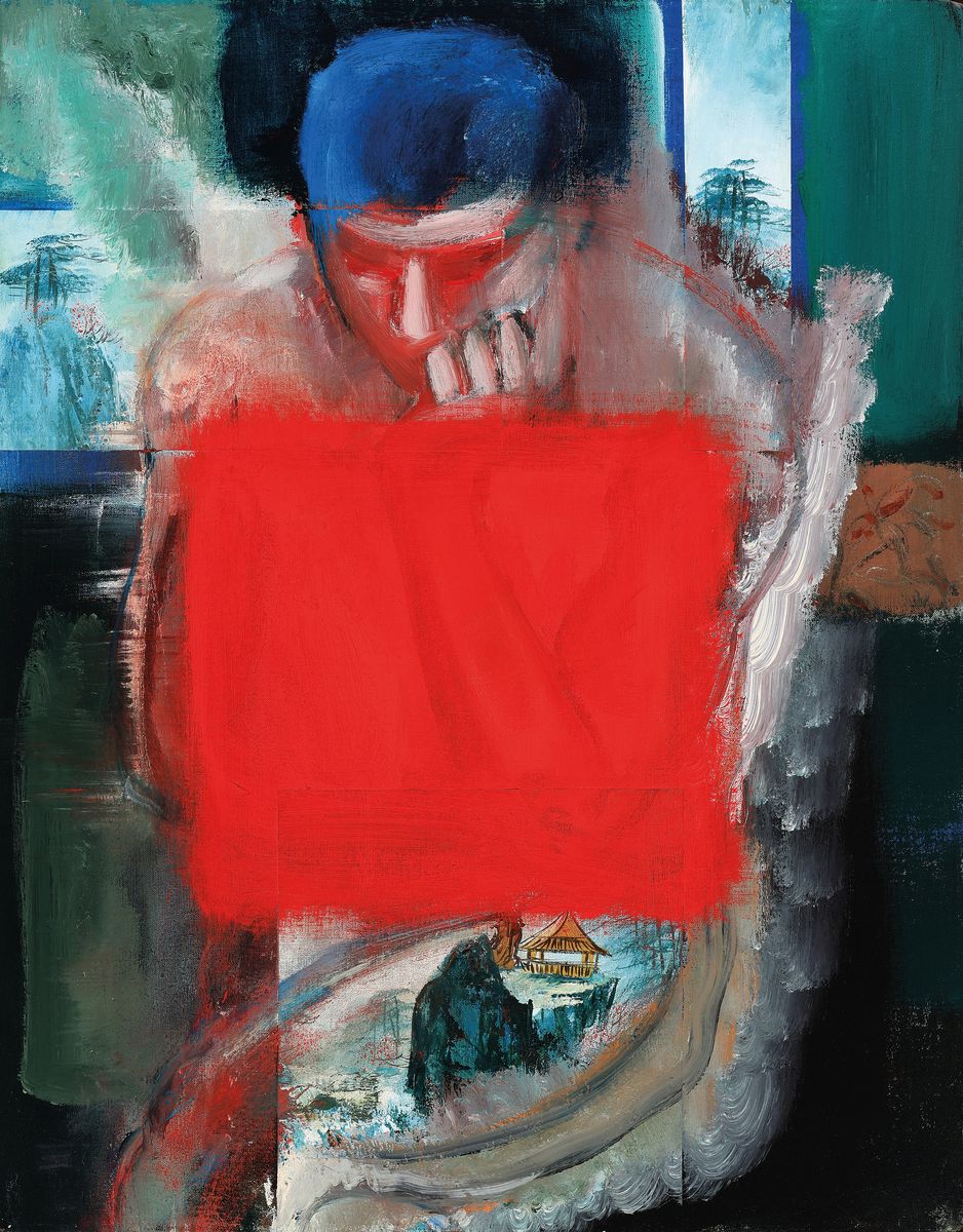 Rainer Gross, geb. 1951, Asian Thinker, Öl/Acryl/Lwd und Collage, rückseitig signiert, betitelt und dat. 85, ca. 76x61cm, Rahmen mit Schattenfuge ...