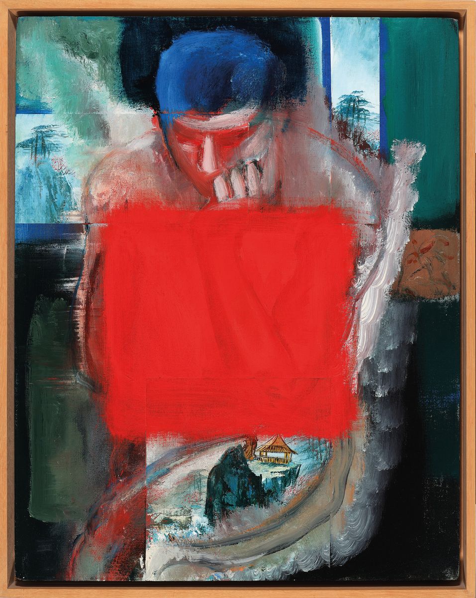 Detail k: Rainer Gross, geb. 1951, Asian Thinker, Öl/Acryl/Lwd und Collage, rückseitig signiert, betitelt und dat. 85, ca. 76x61cm, Rahmen mit Schattenfuge ...