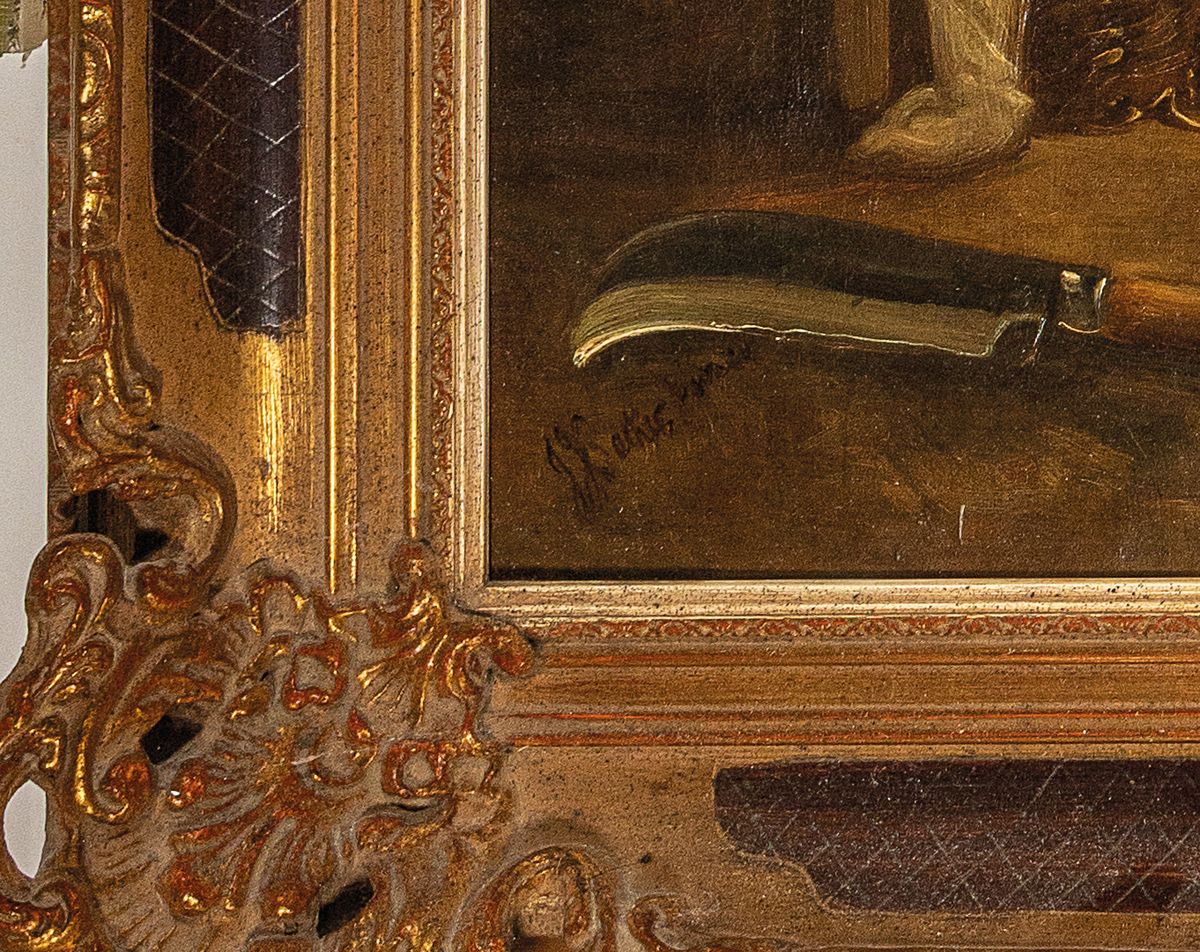 Detail a: John Joseph Barker of Bath, 1824-1904, Kücheninterieur, bärtiger Mann mit Hund und Tabakpfeife am gedeckten Tisch, Öl/Lwd, links unten signiert, ...